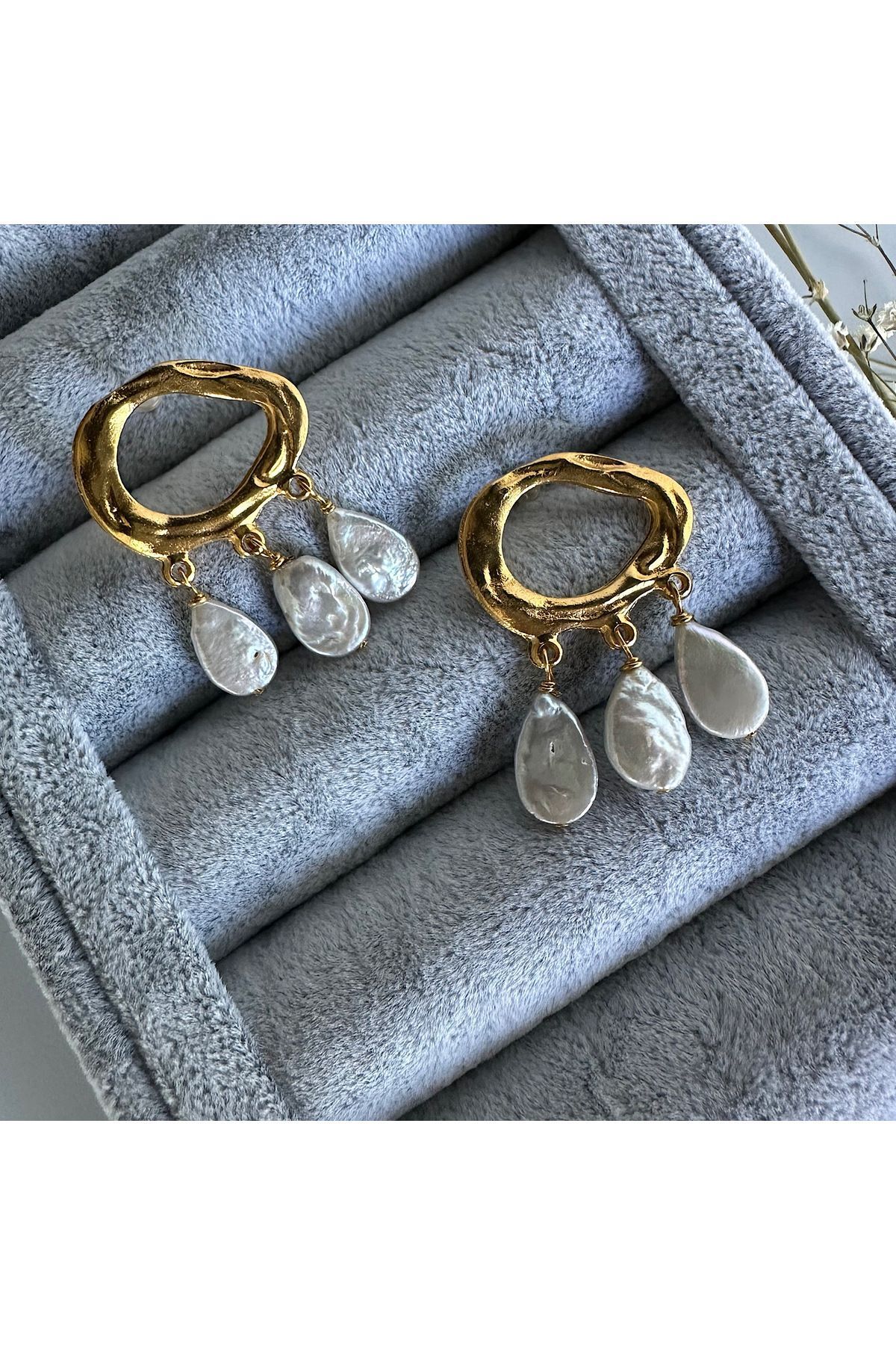 Üçlü Damla Model Gerçek İnci Küpe