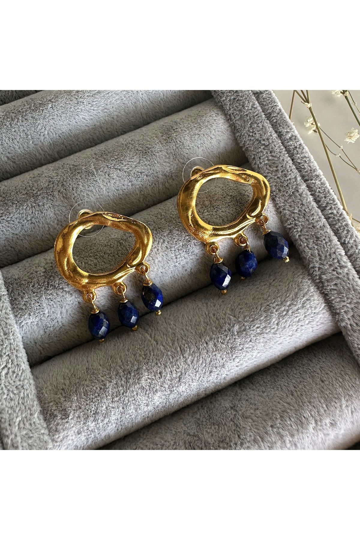 Sallantılı Üçlü Lapis Lazuli Doğaltaş Küpe