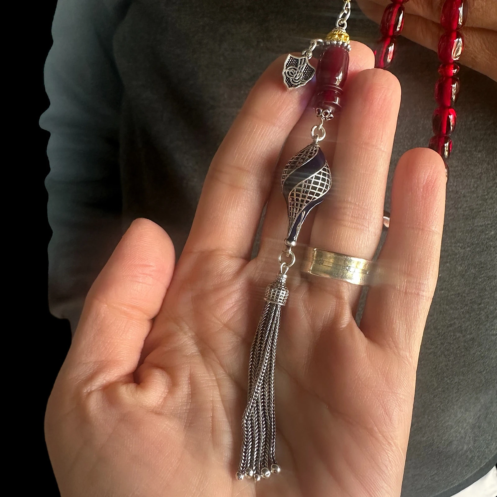 Ateş Kehribar Cam Yansımalı 925 Ayar Gümüş Tesbih