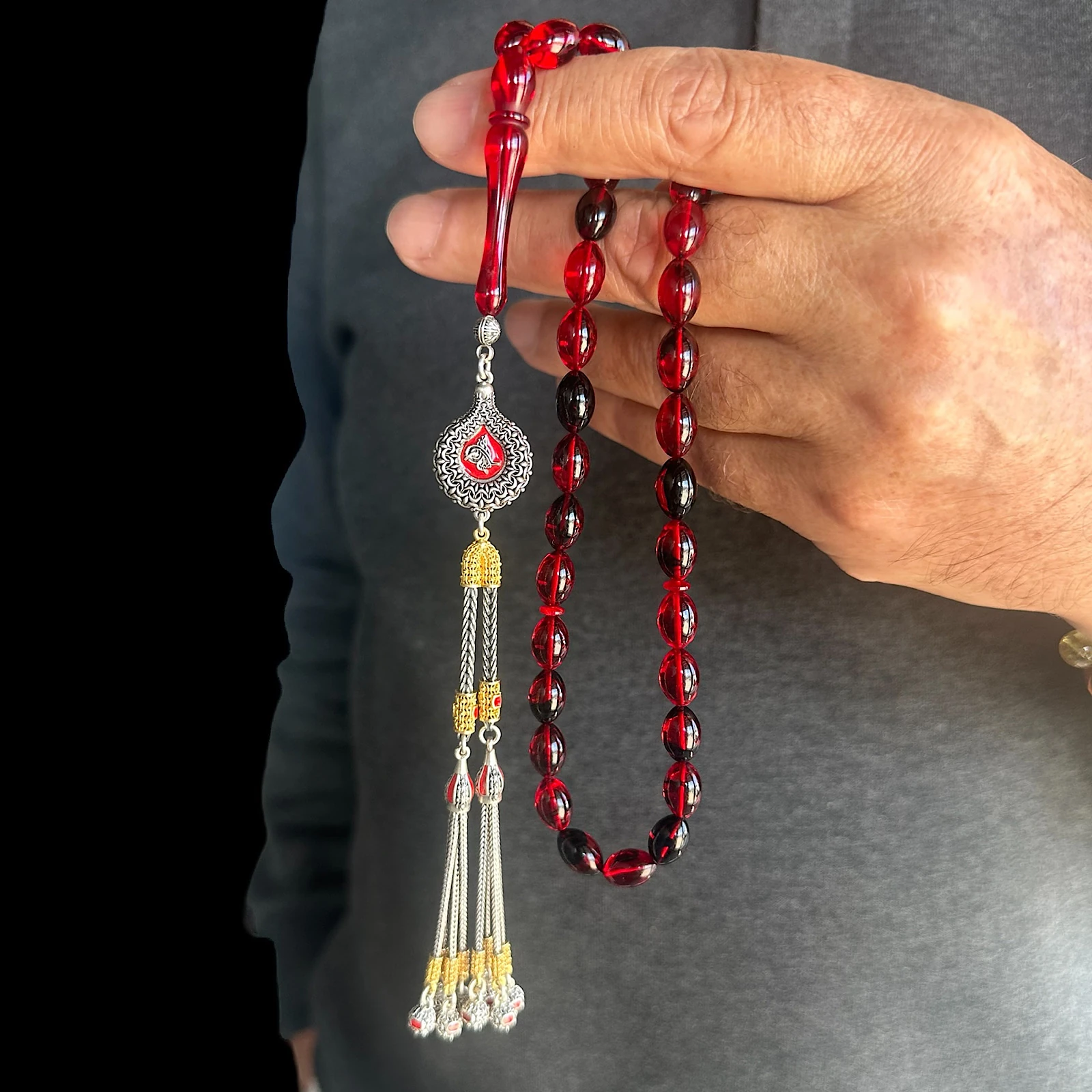 Sıkma Kehribar 925 Ayar Gümüş İmame Tesbih