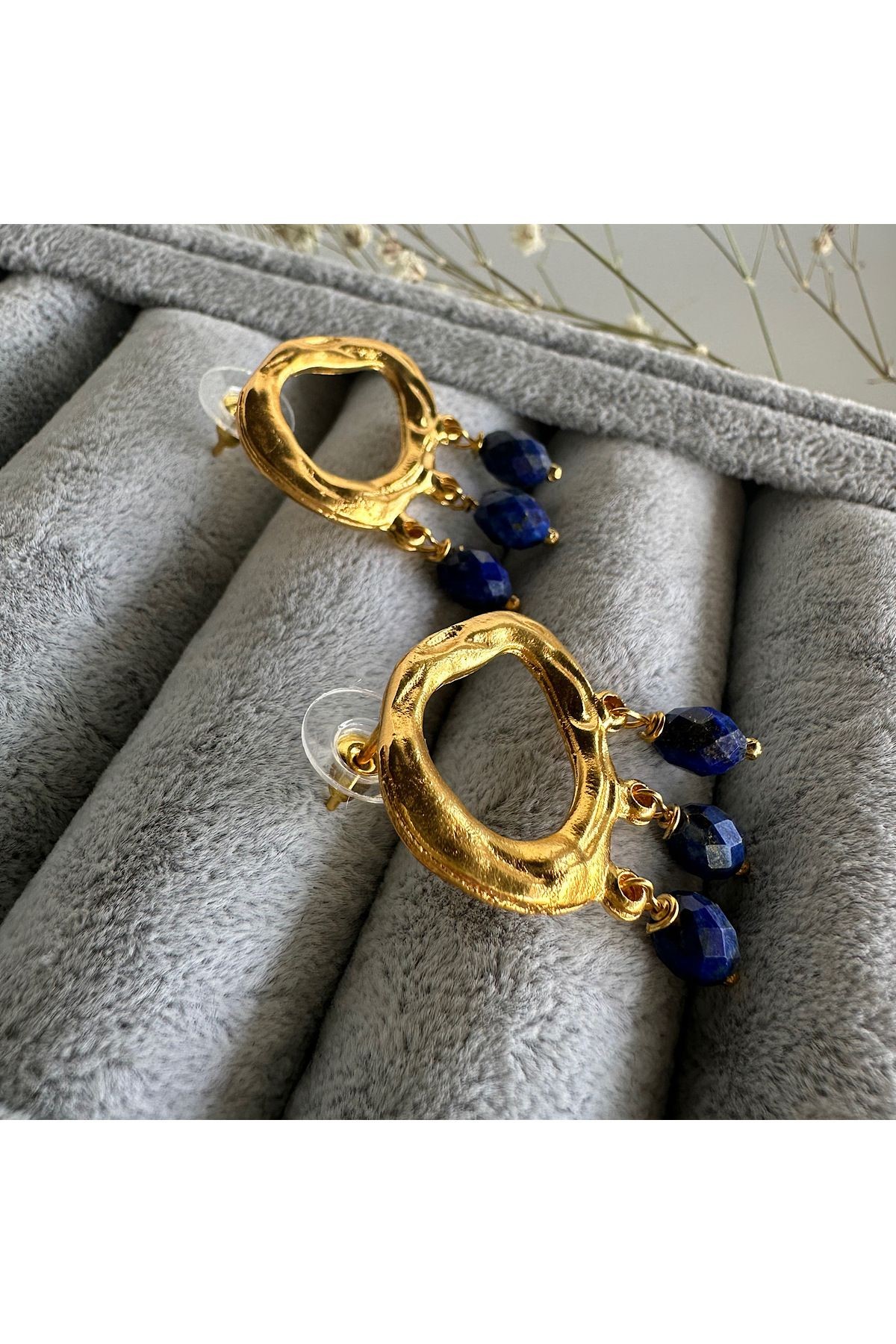 Sallantılı Üçlü Lapis Lazuli Doğaltaş Küpe