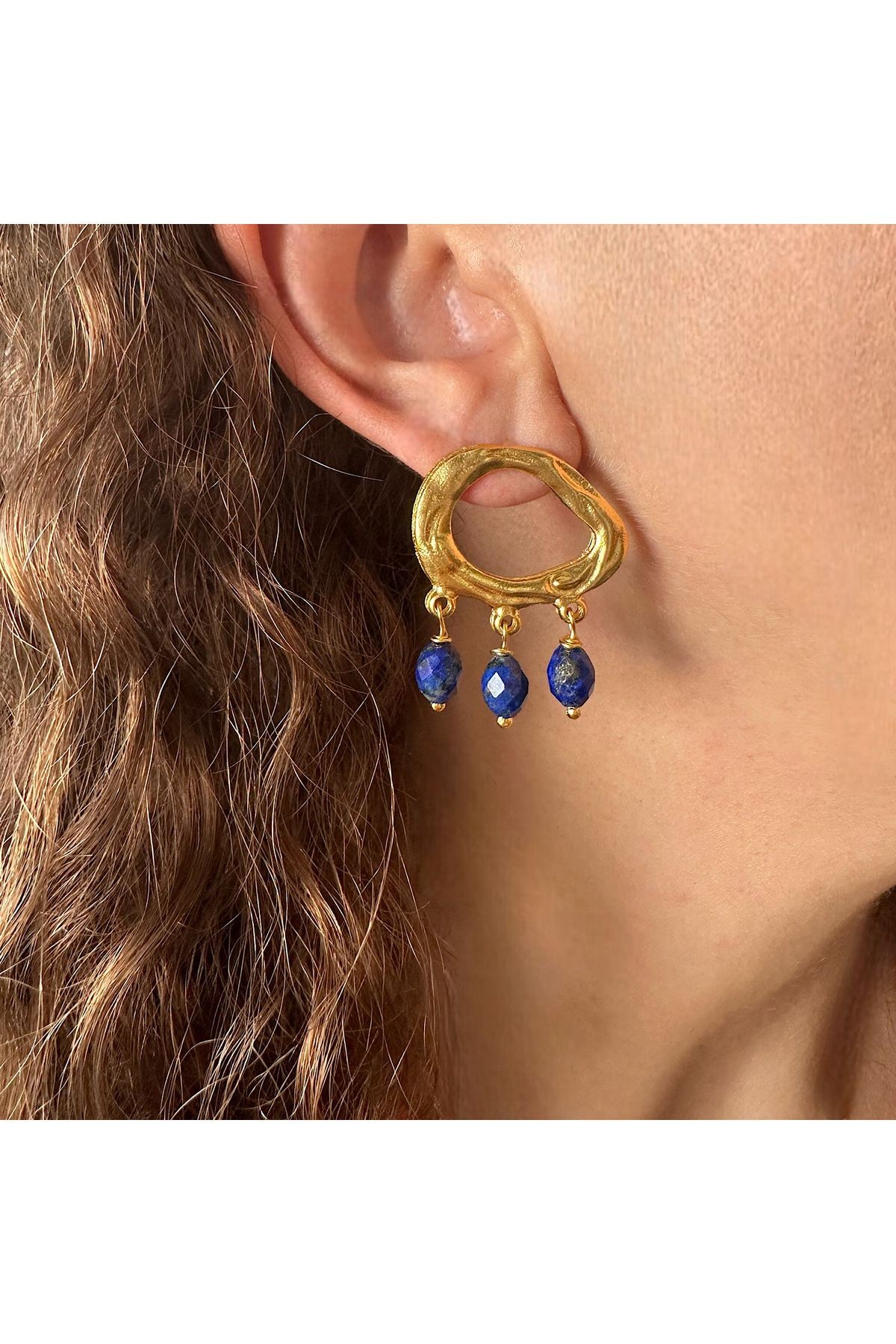 Sallantılı Üçlü Lapis Lazuli Doğaltaş Küpe