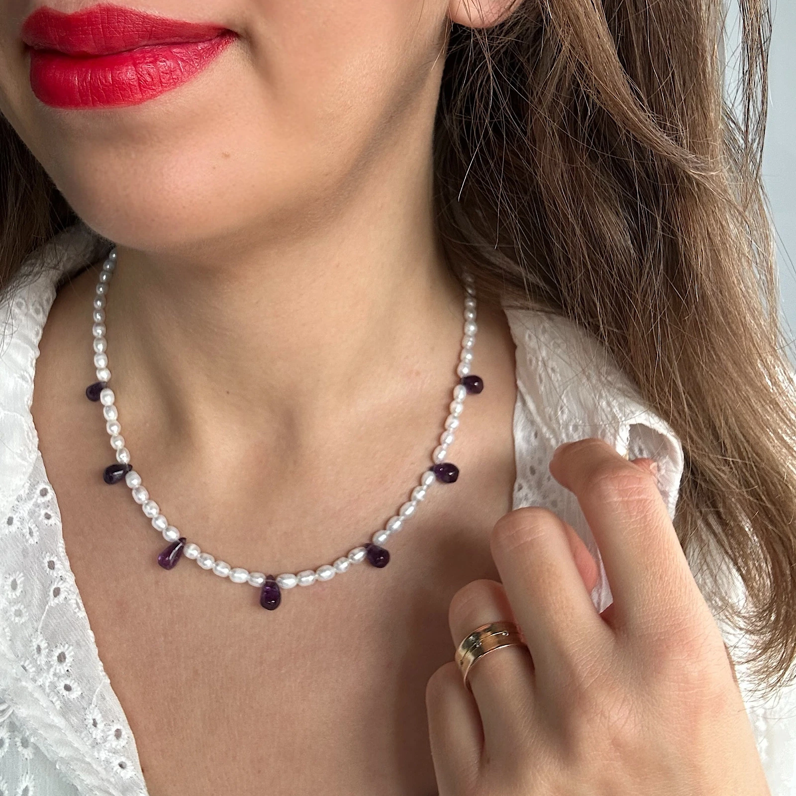 Damla Ametist Detaylı Arpa İnci Kolye