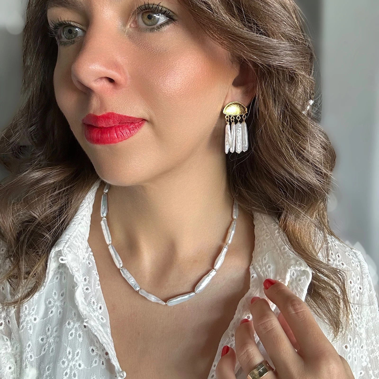 Uzun İnci Küpe ve Kolye Takı Seti