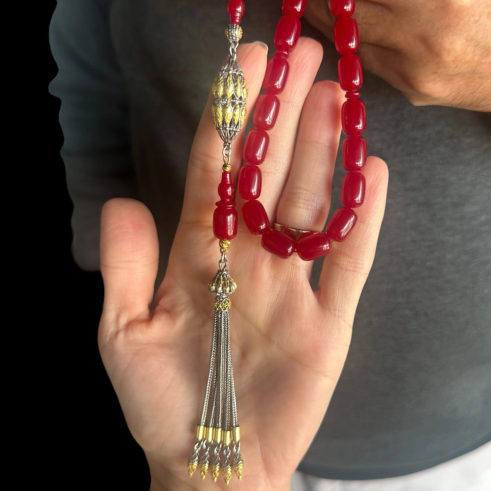 Sıkma Kehribar 925 Ayar Gümüş İmame Tesbih