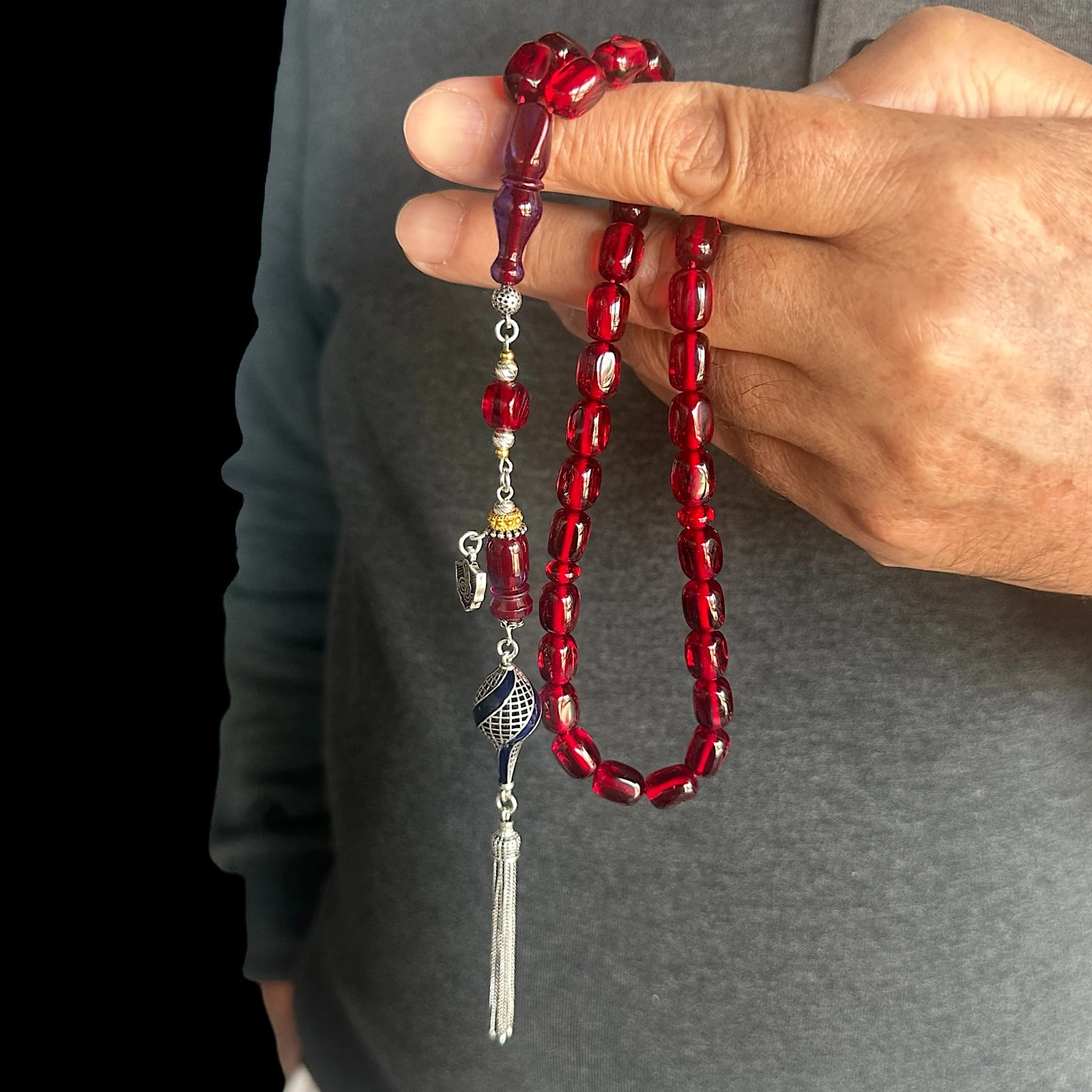 Ateş Kehribar Cam Yansımalı 925 Ayar Gümüş Tesbih