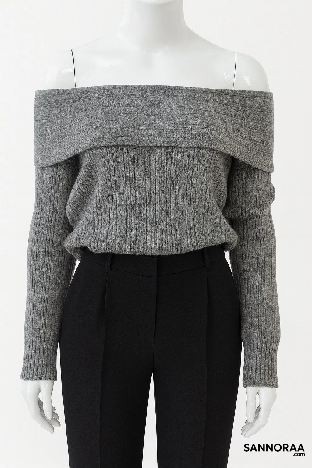 Antrasit Omuzu Açık Kayık Yaka Triko Kazak