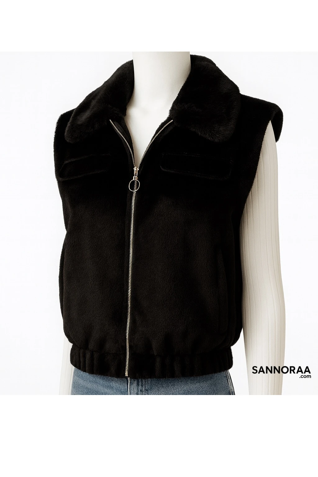 Siyah Tüylü Crop Yelek