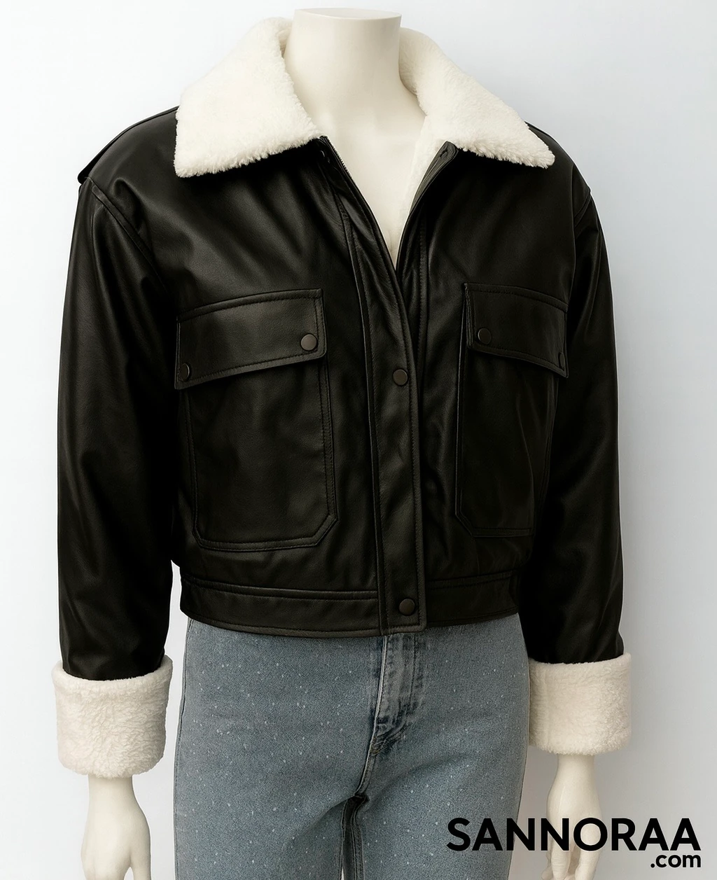 Peluş Yaka Siyah Deri Ceket