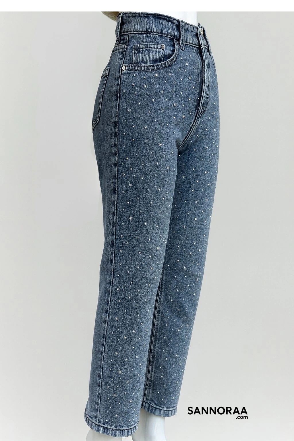 Mavi Kristal Taşlı Yüksek Bel Skinny Kot Pantolon