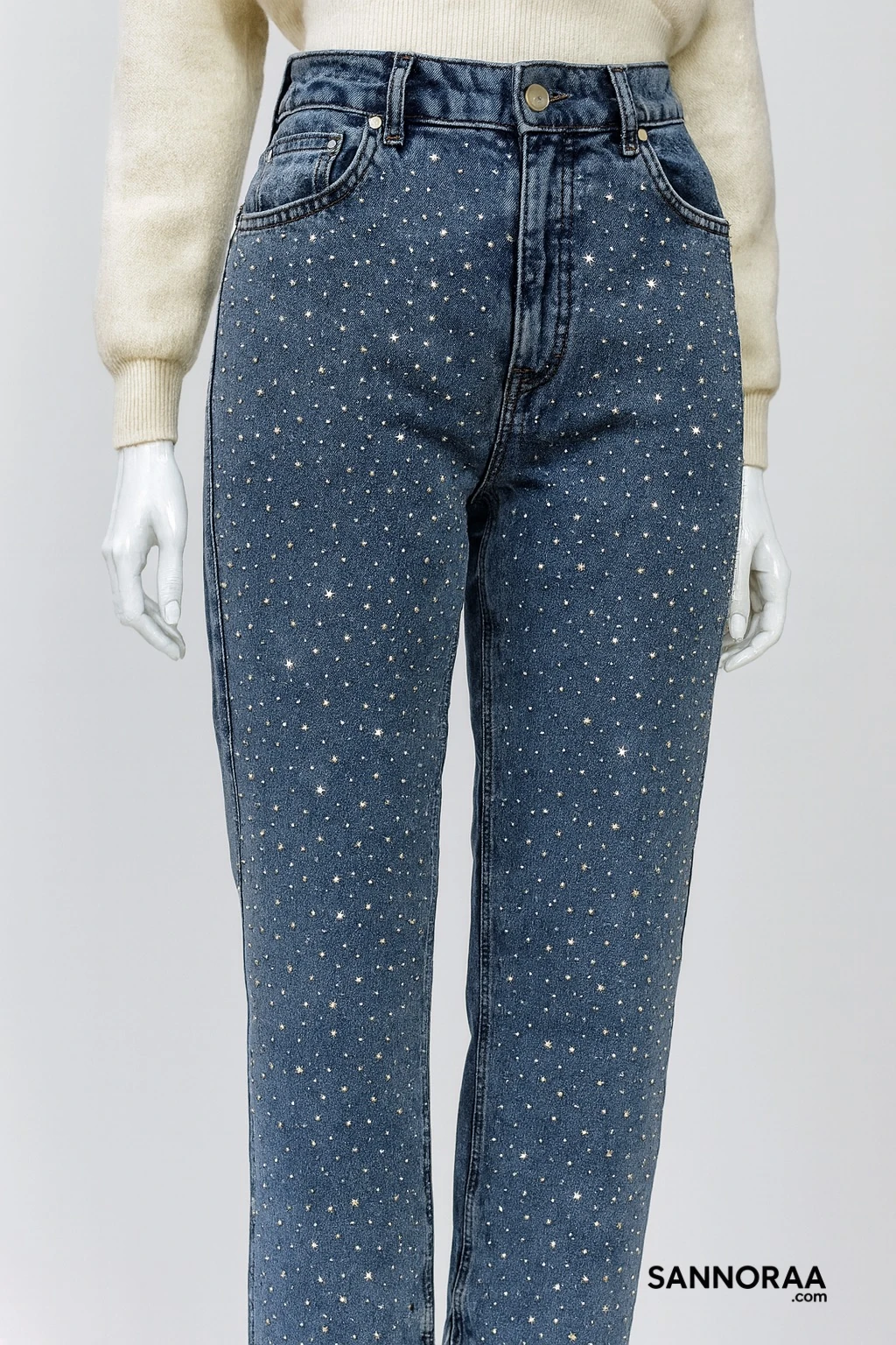 Mavi Kristal Taşlı Yüksek Bel Skinny Kot Pantolon