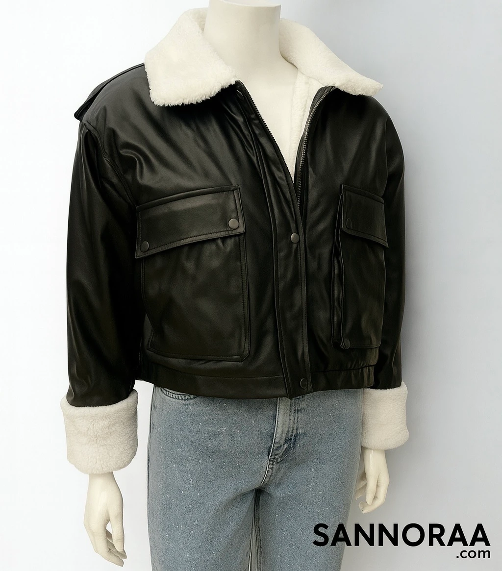 Peluş Yaka Siyah Deri Ceket