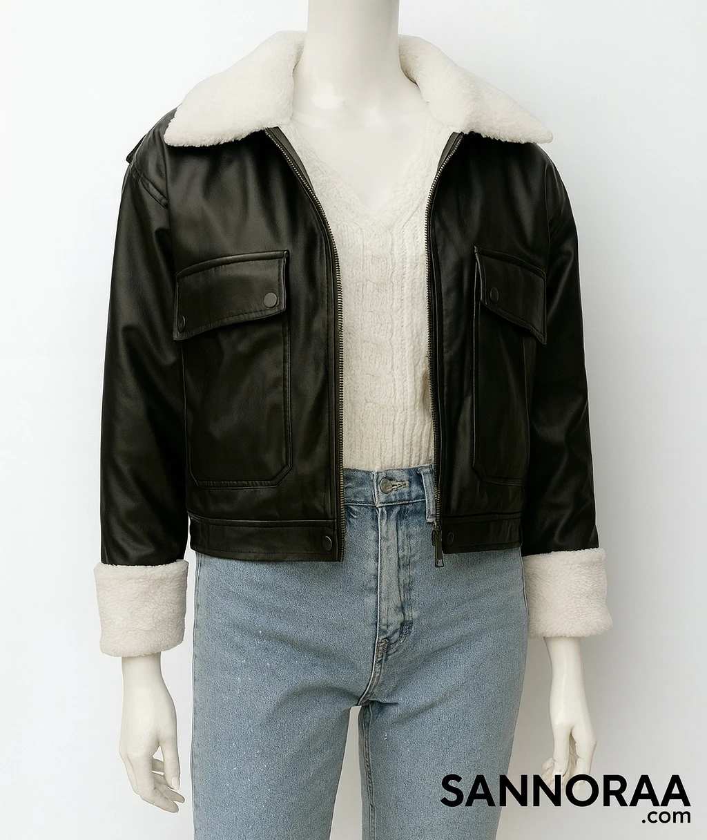 Peluş Yaka Siyah Deri Ceket