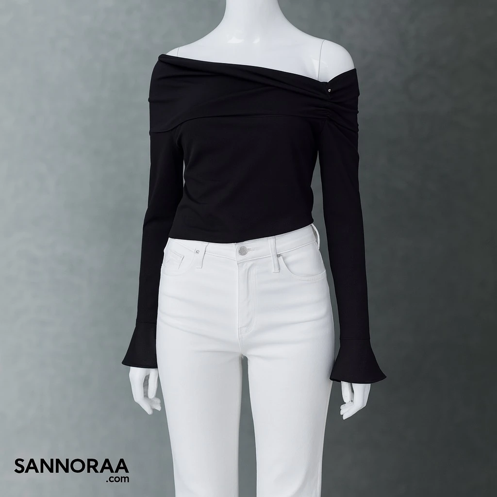 Taşlı Omuz Detaylı Siyah Bodysuit