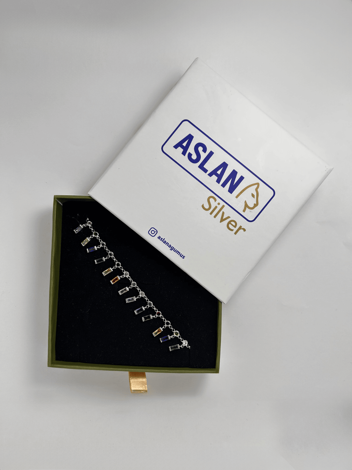 ASLANA 925 Ayar Gümüş Beyaz Renkli Kare Taşlı Halhal