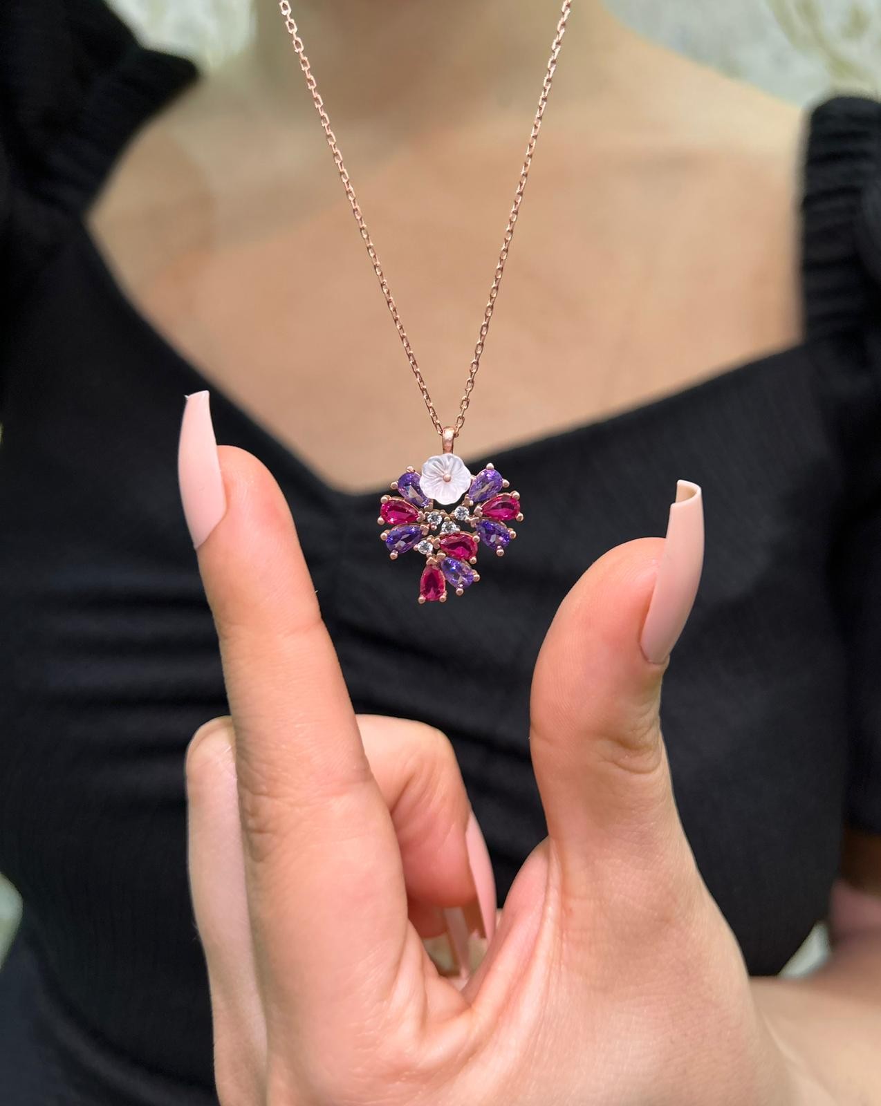 925 Ayar Gümüş Rose Mor Ve Ötesi Kolye