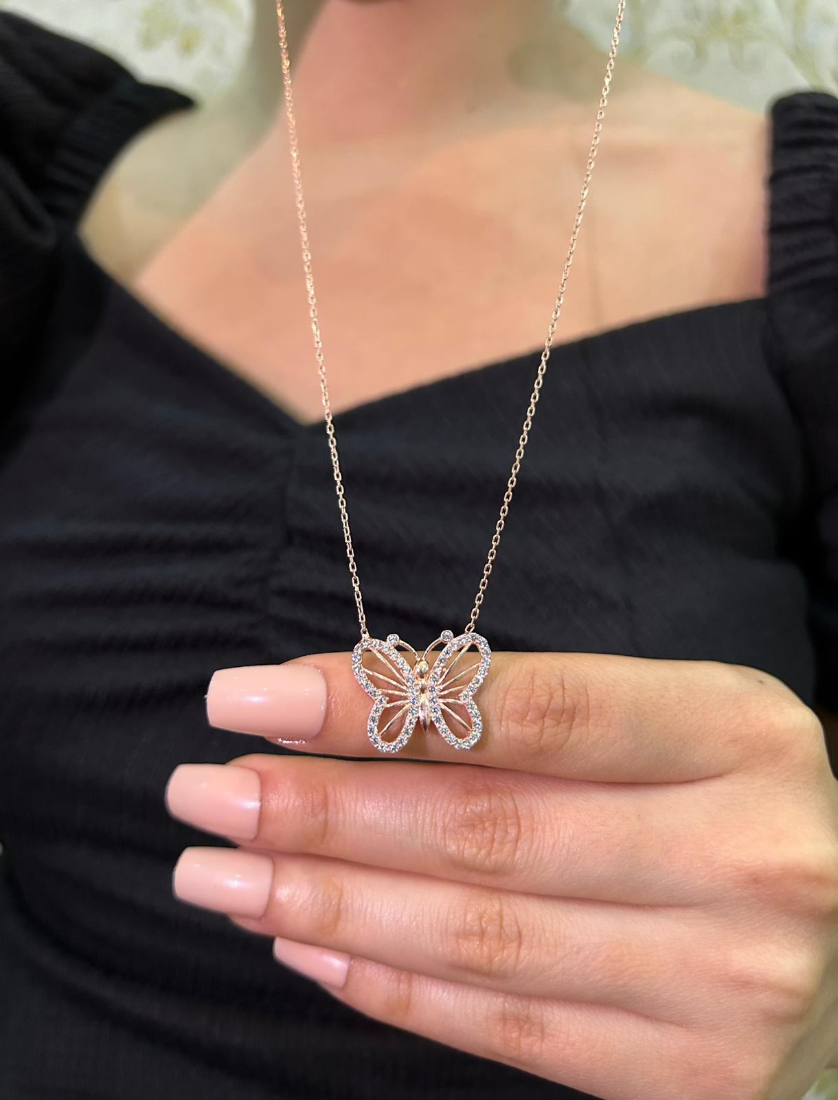 925 Ayar Gümüş Rose Kelebek Model Kolye