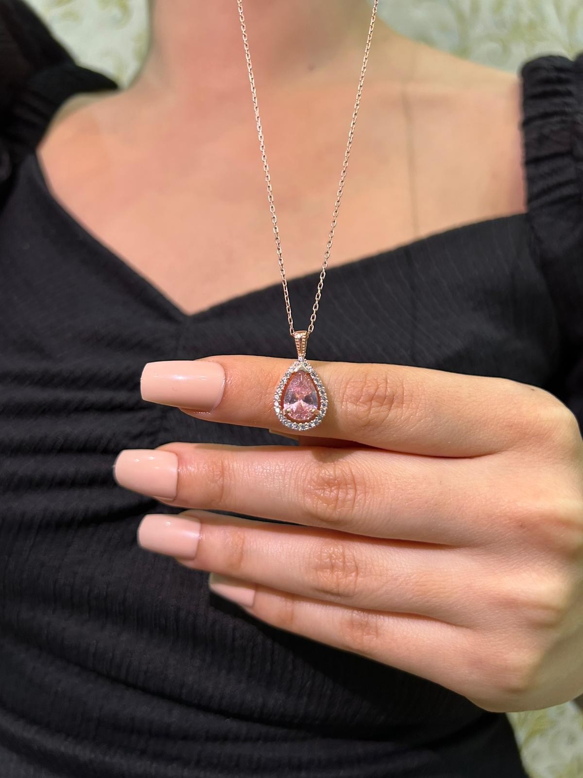 925 Ayar Gümüş Rose Safir Taşlı Damla Kolye