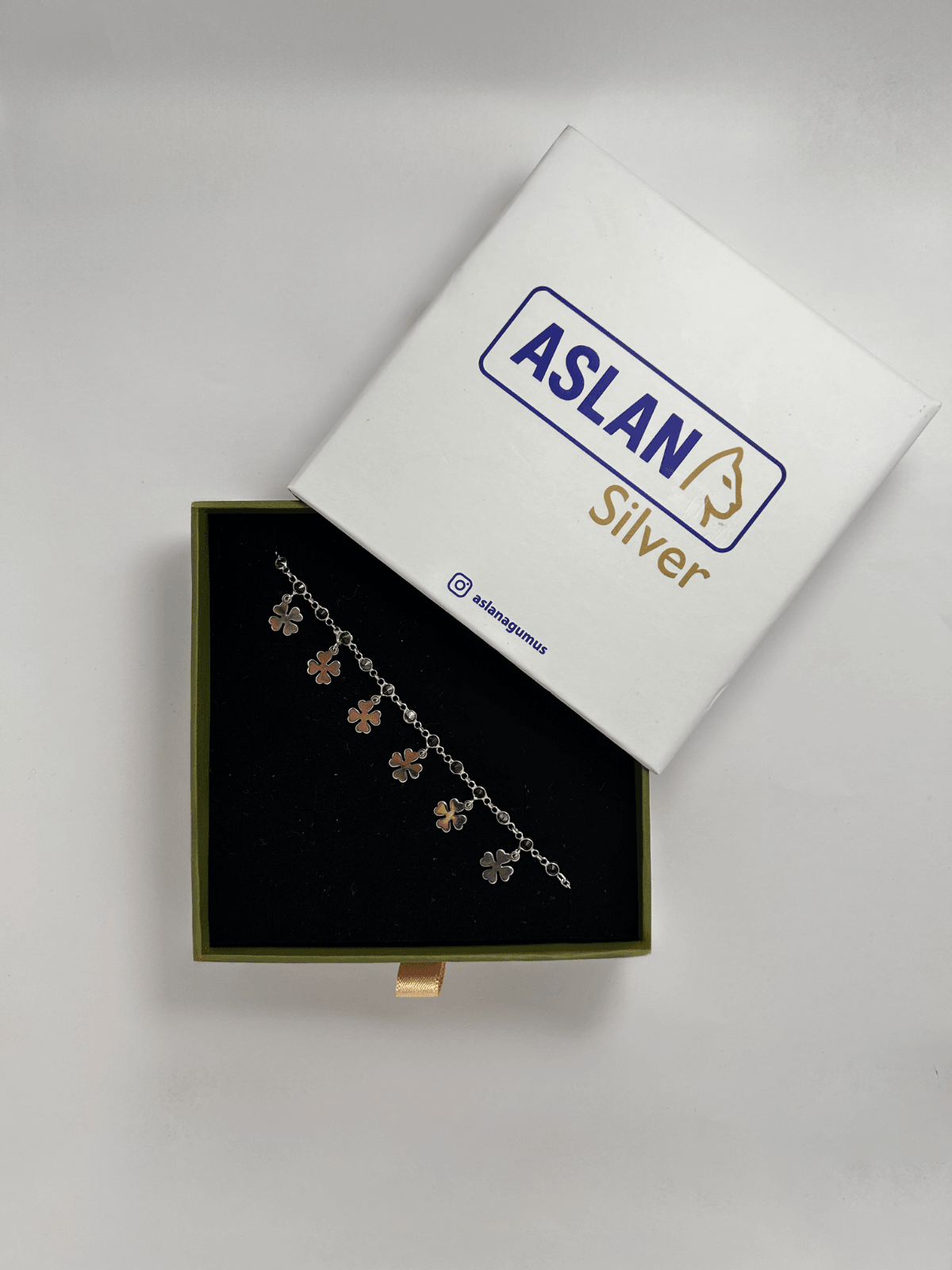 ASLANA 925 Ayar Gümüş Beyaz Yonca Motifli Halhal
