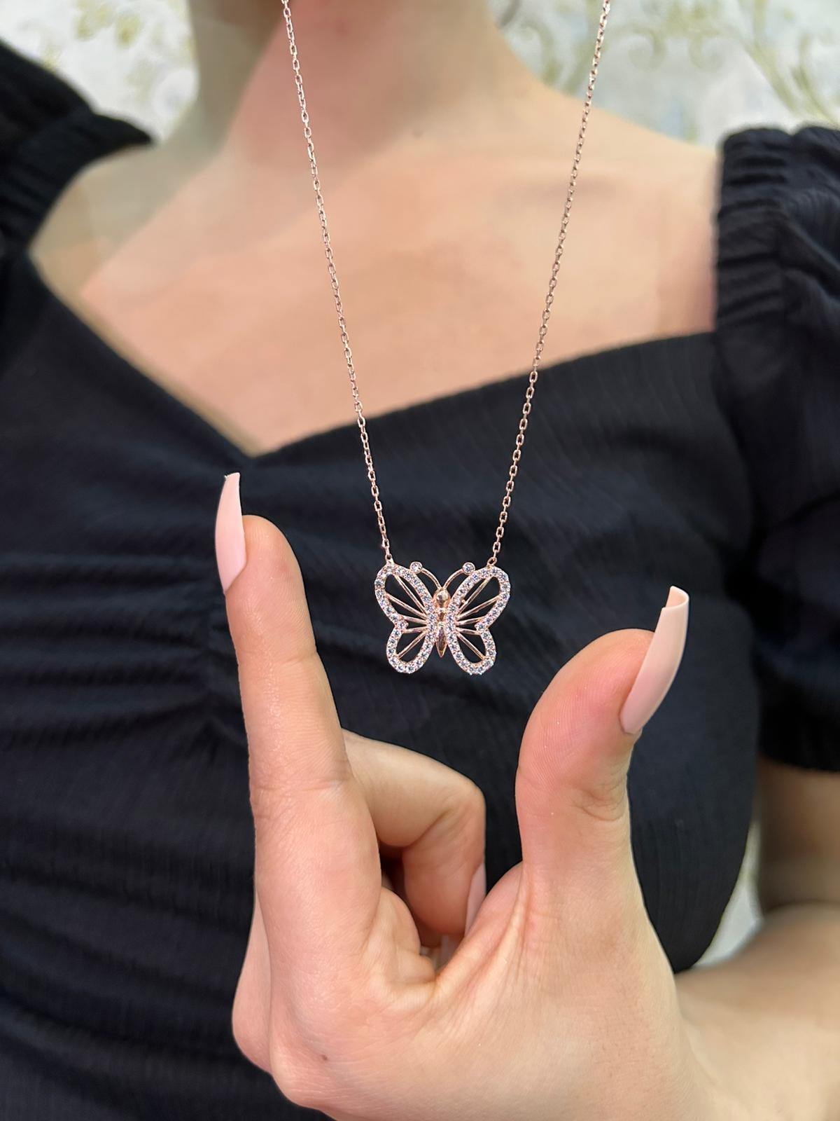 925 Ayar Gümüş Rose Kelebek Model Kolye