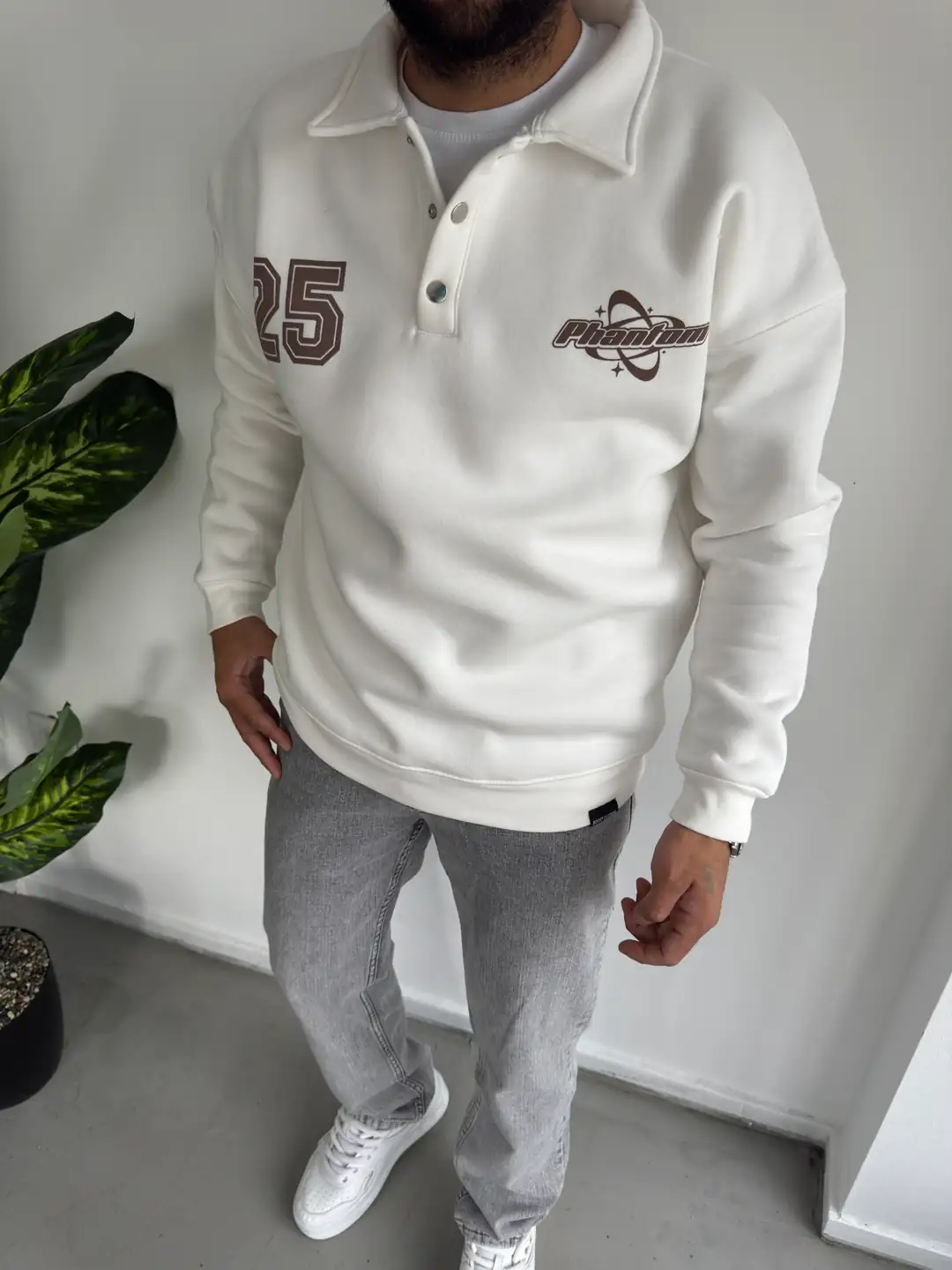 3 İplik Şardonlu Sweatshirt ( Düğme Yaka ) - Beyaz