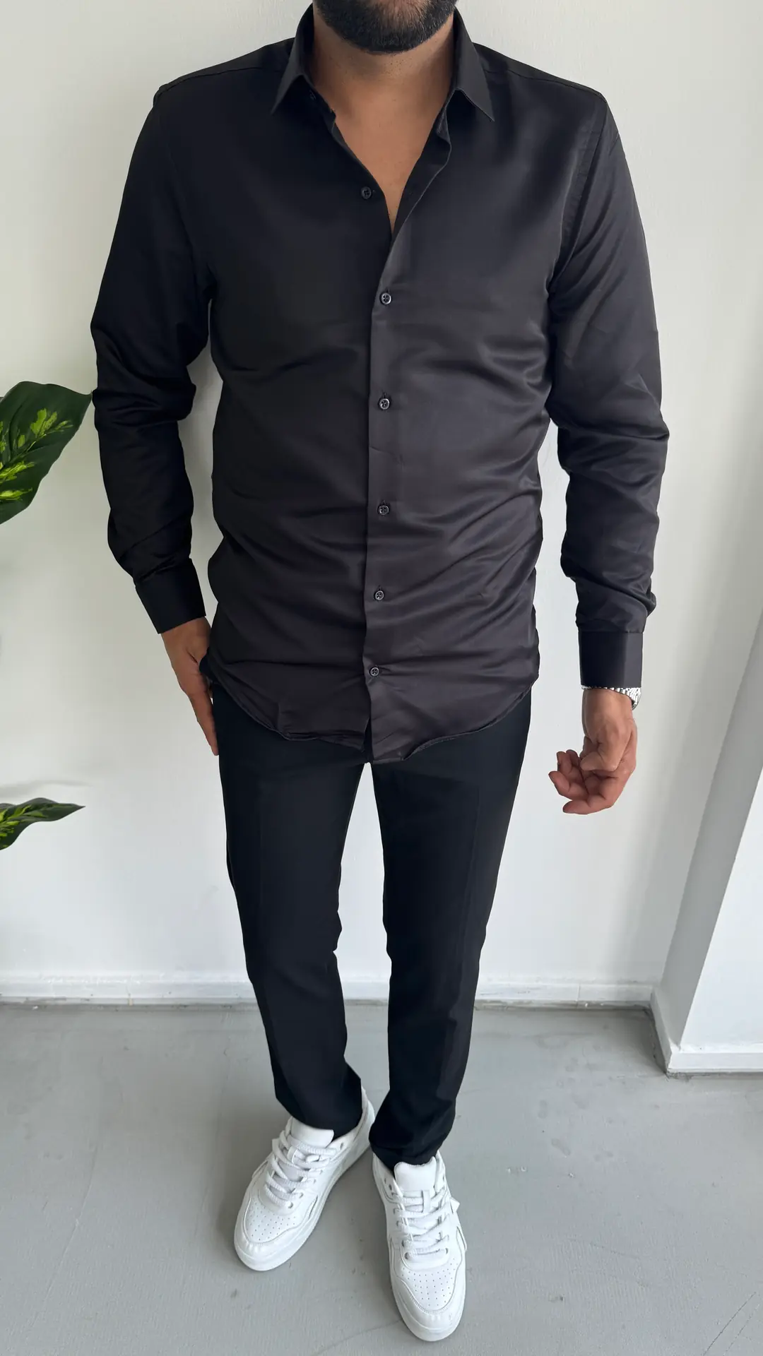 Poplin Kumaş Dik Yaka Gömlek ( Dar Kesim ) - Siyah