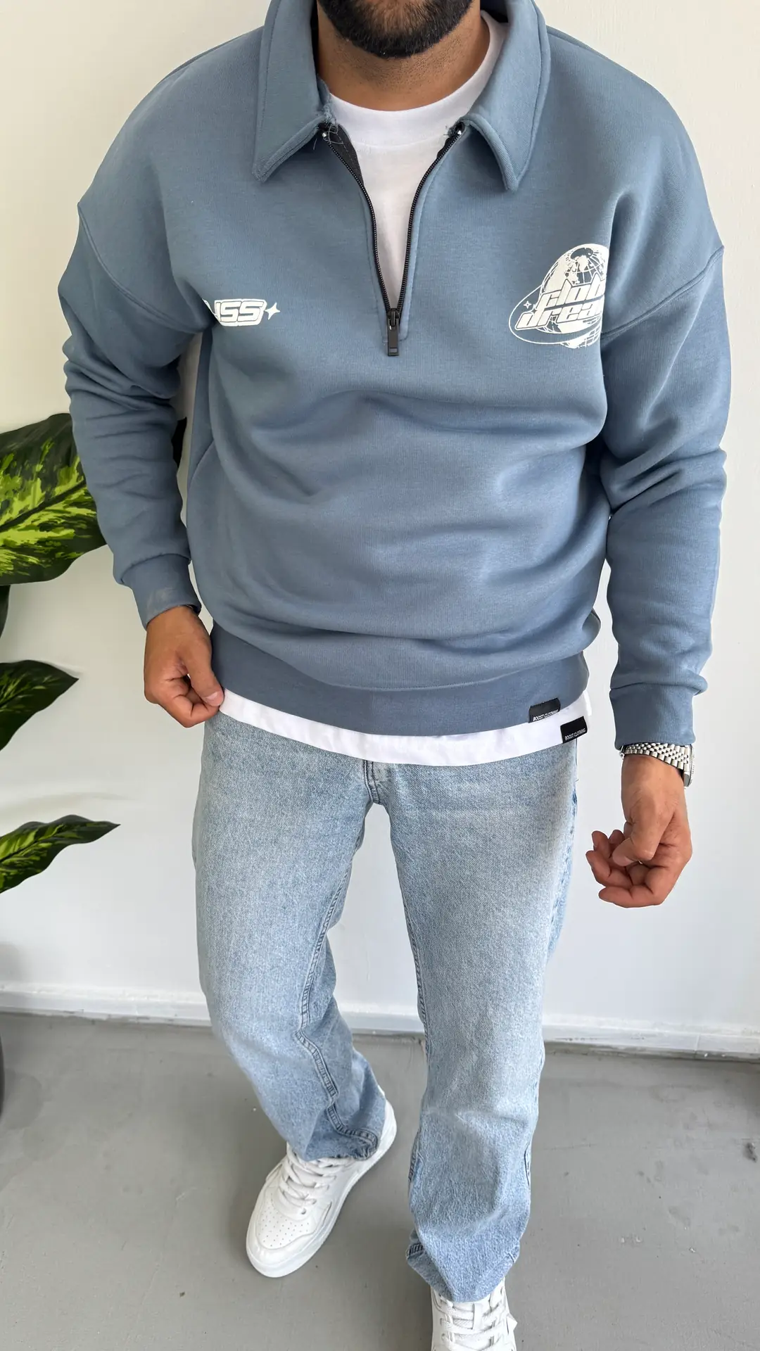 3 İplik Şardonlu Sweatshirt ( Fermuar Yaka ) - Gri&Mavi