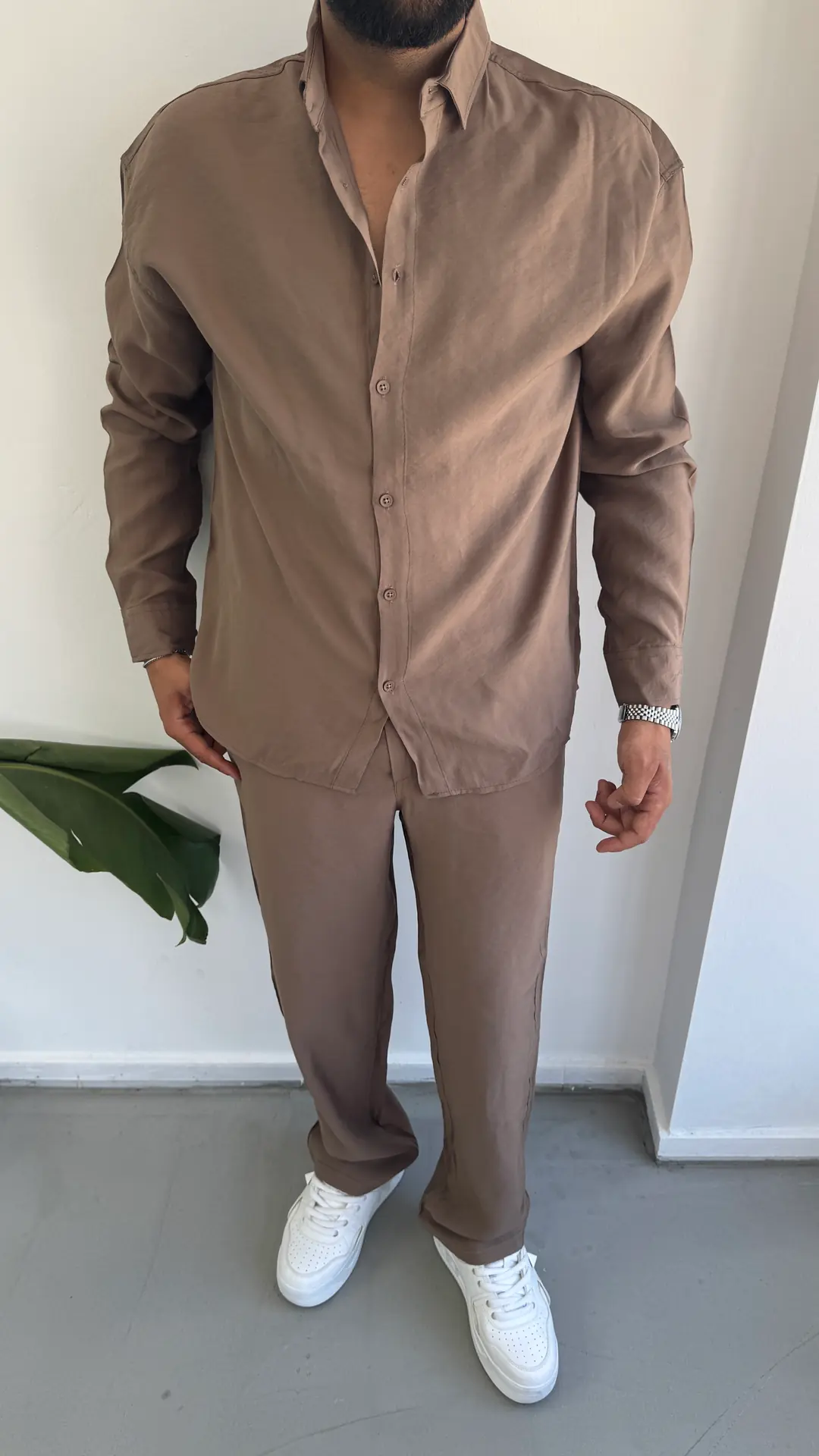 Sofia Kumaş Gömlekli Takım - Kahve