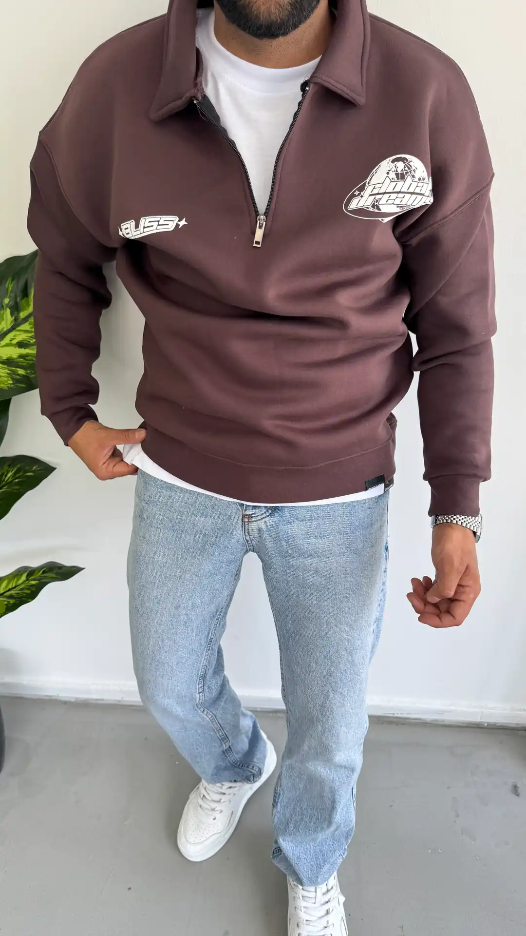 3 İplik Şardonlu Sweatshirt ( Fermuar Yaka ) - Bordo