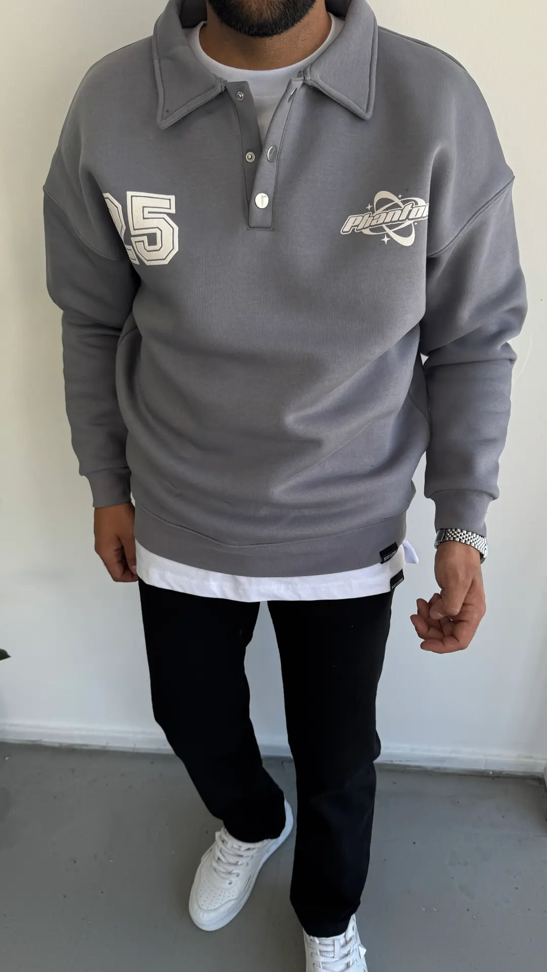 3 İplik Şardonlu Sweatshirt ( Düğme Yaka ) - Gri