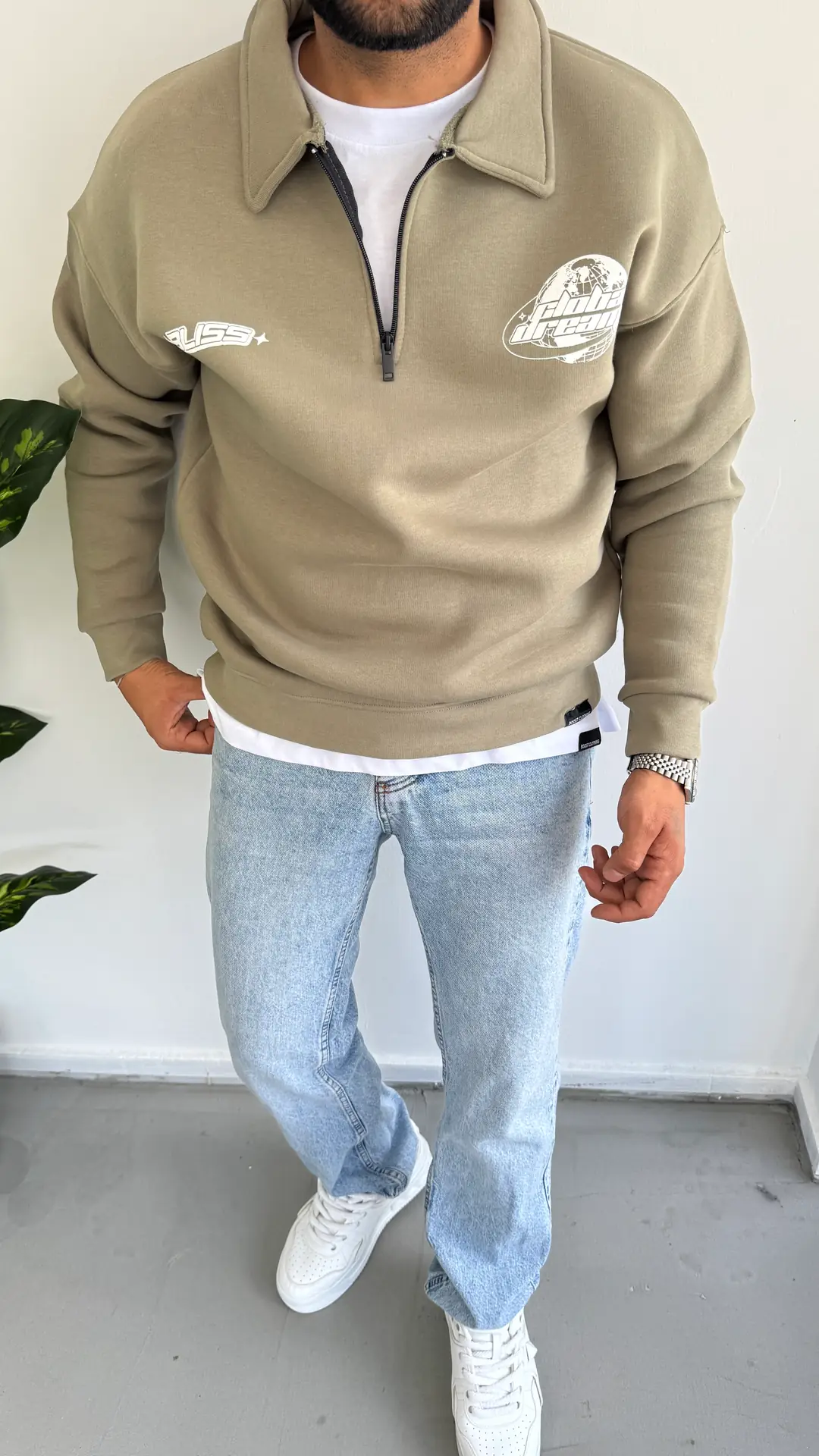 3 İplik Şardonlu Sweatshirt ( Fermuar Yaka ) - Taş