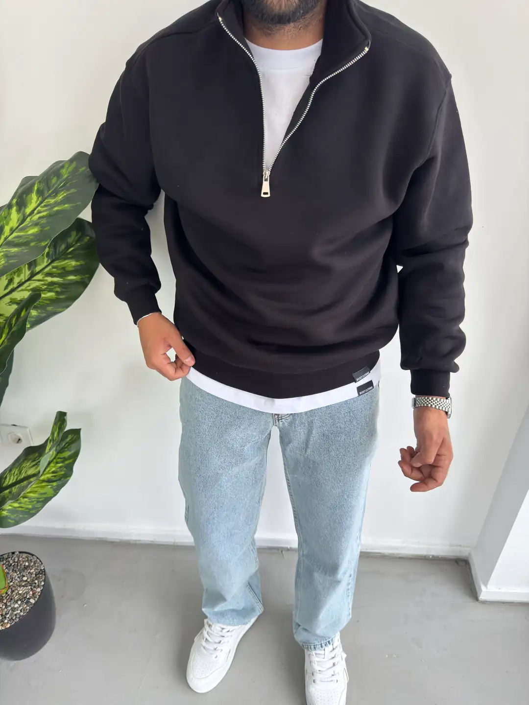 3 İplik Şardonlu Sweatshirt ( Fermuar Yaka ) - Siyah