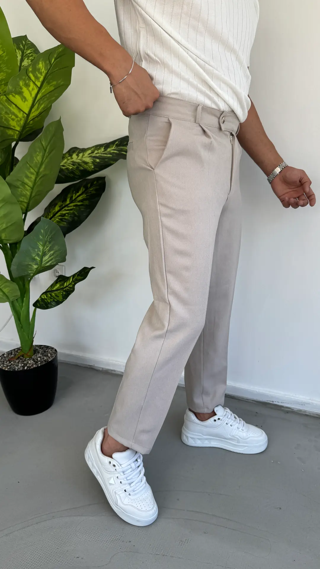 Pamuk Yün Kumaş Pantolon - Bej