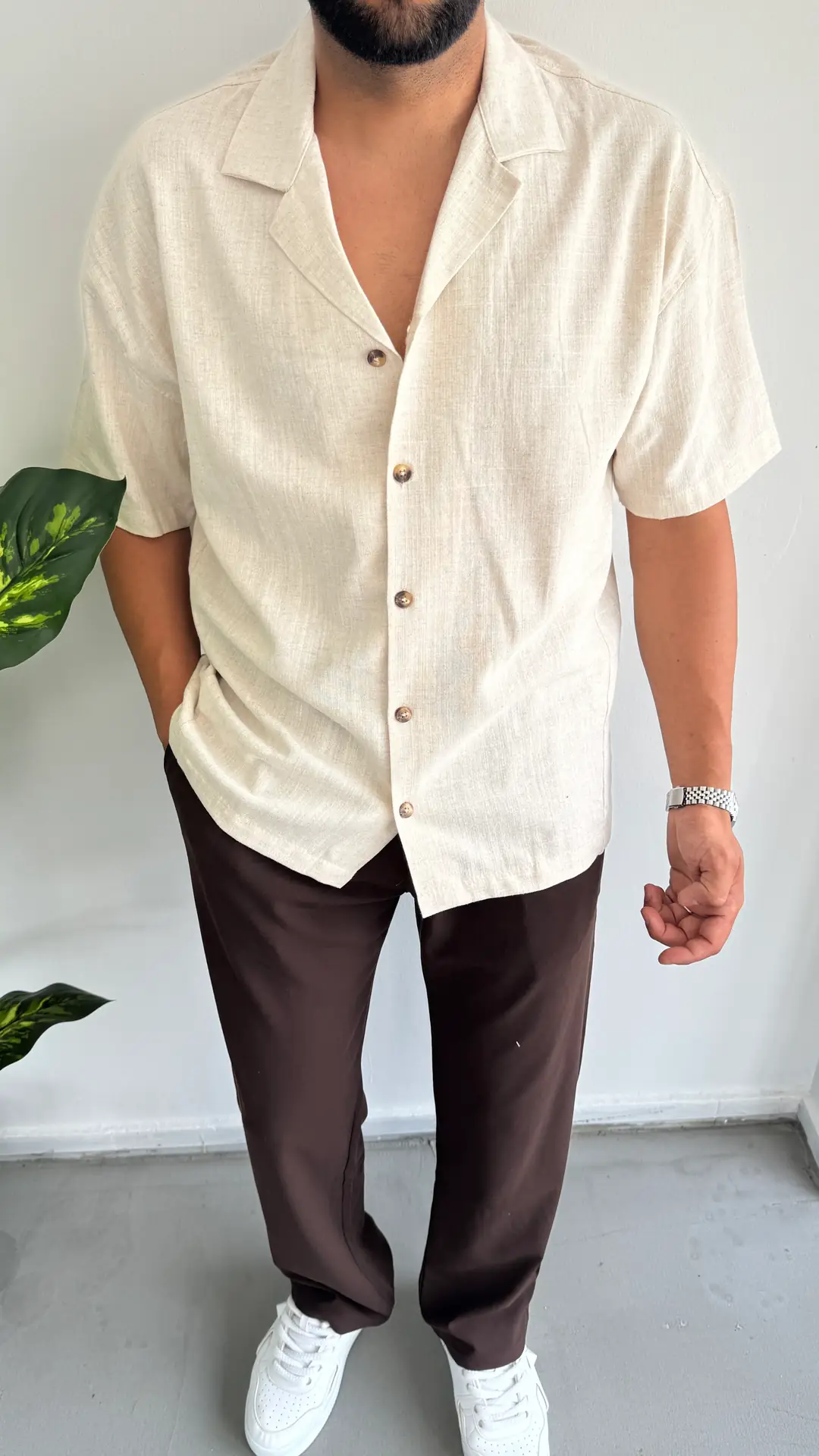 MR Keten Kısa Kol Gömlek - Bej