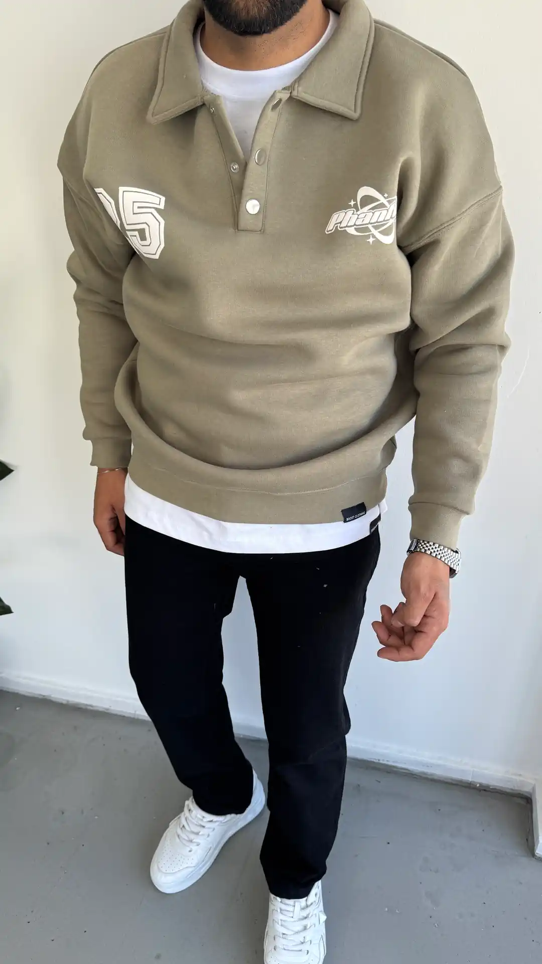 3 İplik Şardonlu Sweatshirt ( Düğme Yaka ) - Haki Bej