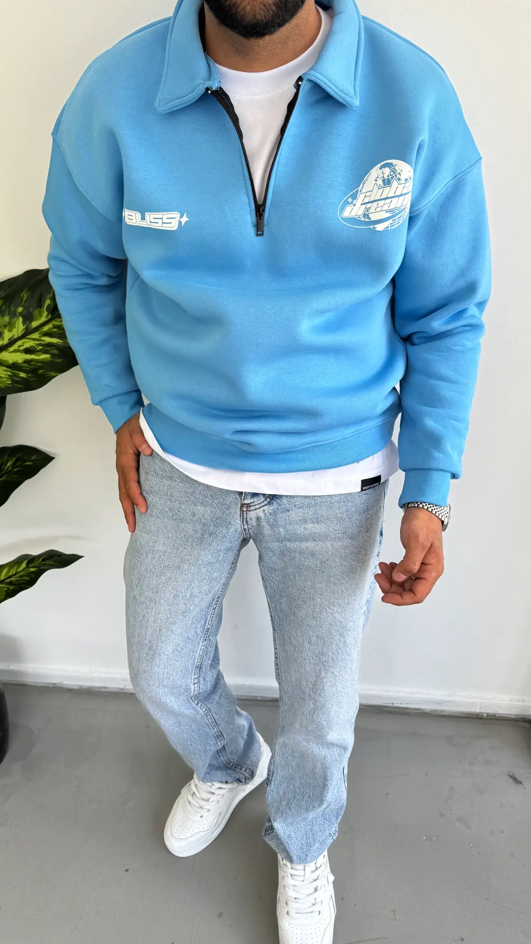 3 İplik Şardonlu Sweatshirt ( Fermuar Yaka ) - Mavi