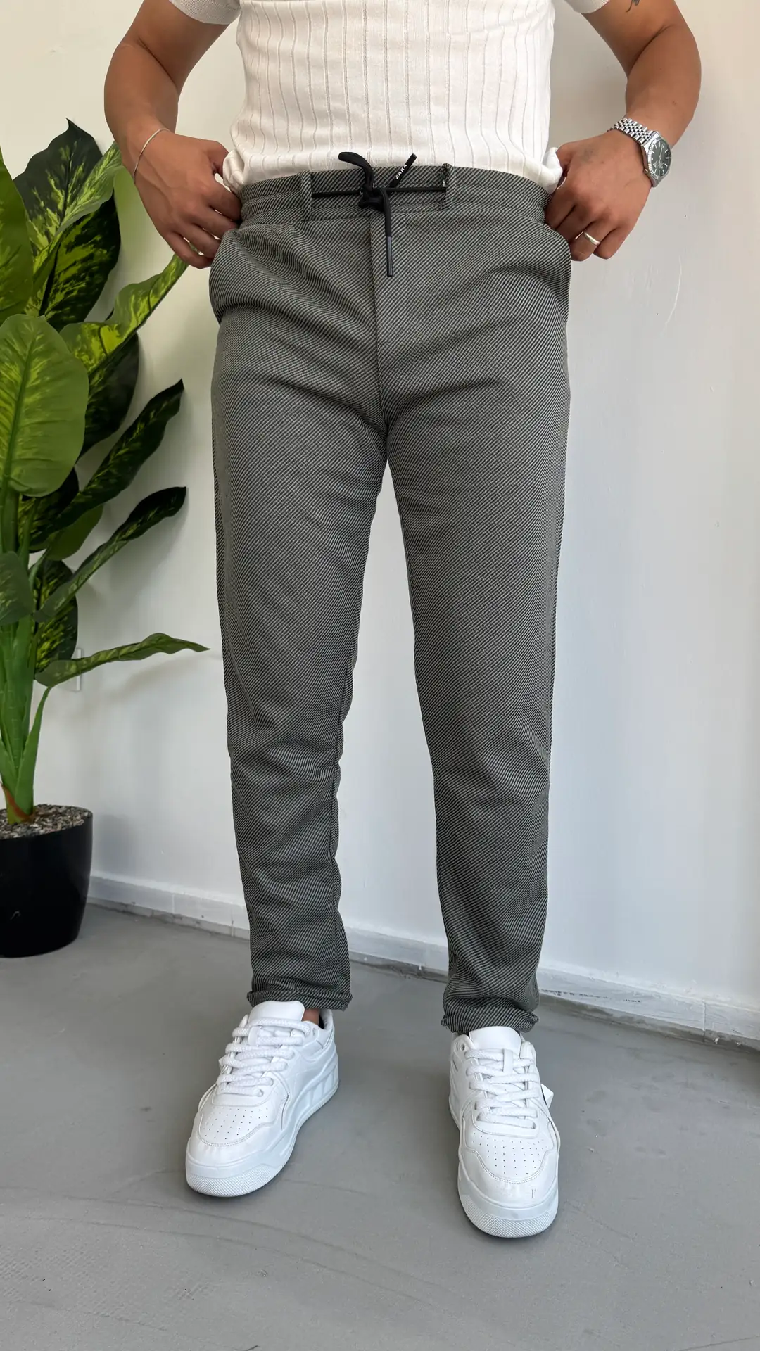 Petek Örme Kumaş Pantolon - Füme