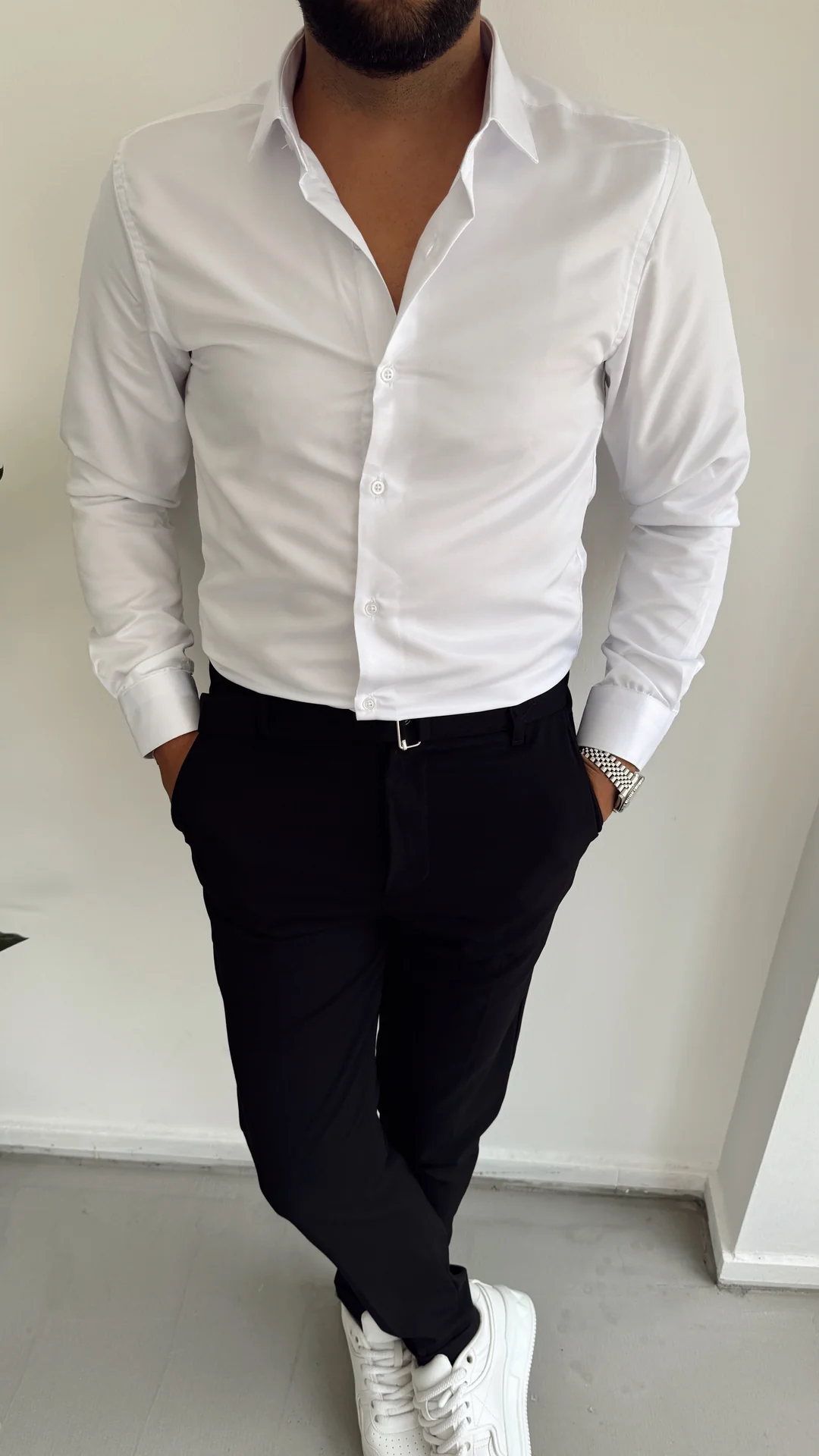 Poplin Kumaş Dik Yaka Gömlek ( Dar Kesim ) - Beyaz