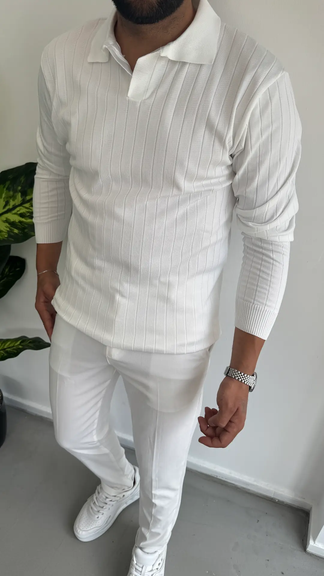 Triko Kazak Polo Yaka - Beyaz