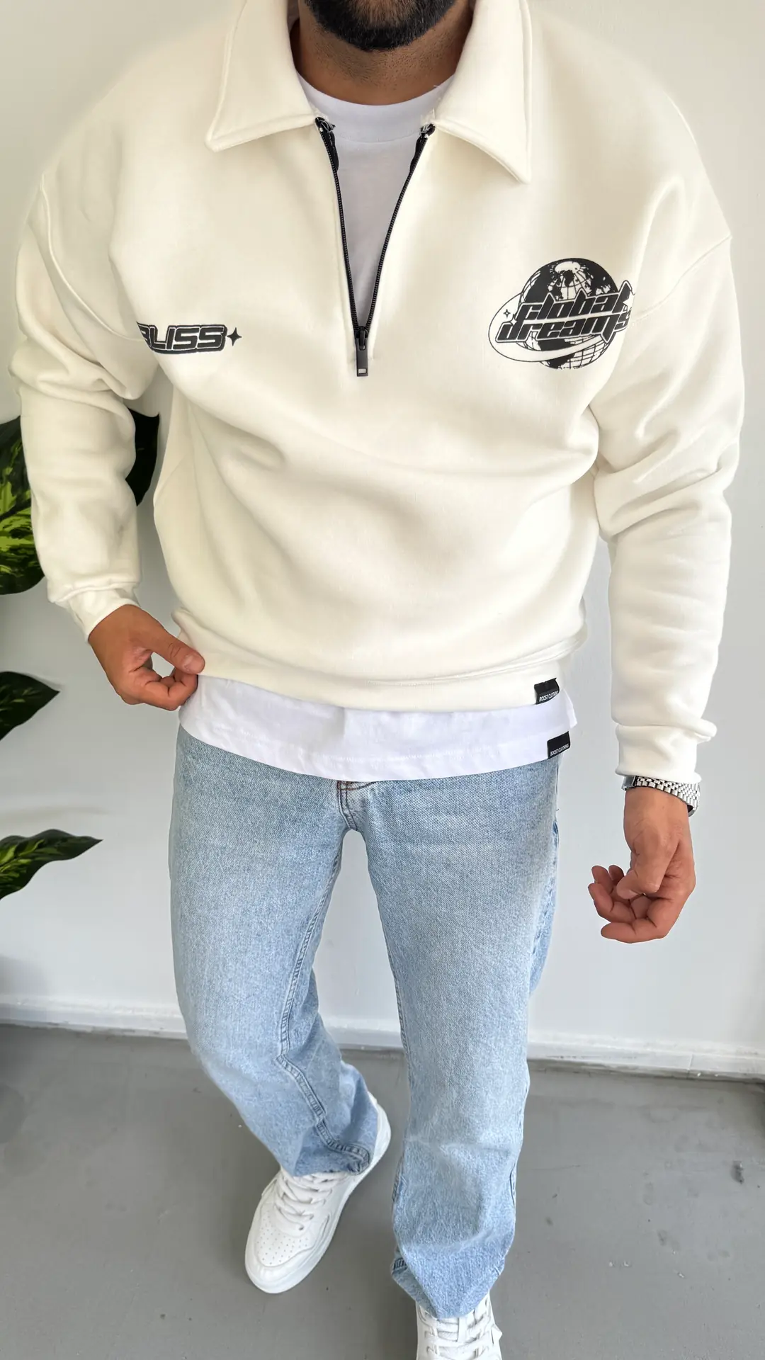 3 İplik Şardonlu Sweatshirt ( Fermuar Yaka ) - Krem