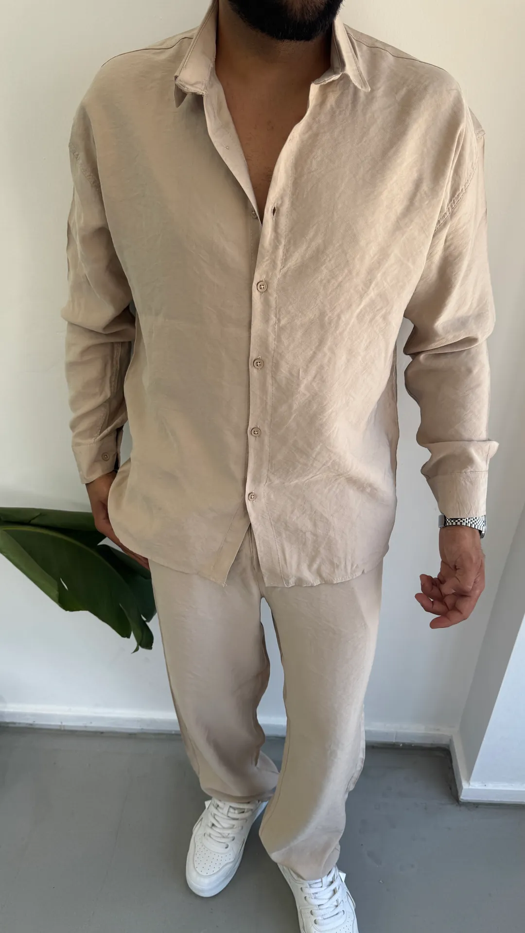 Sofia Kumaş Gömlekli Takım - Bej