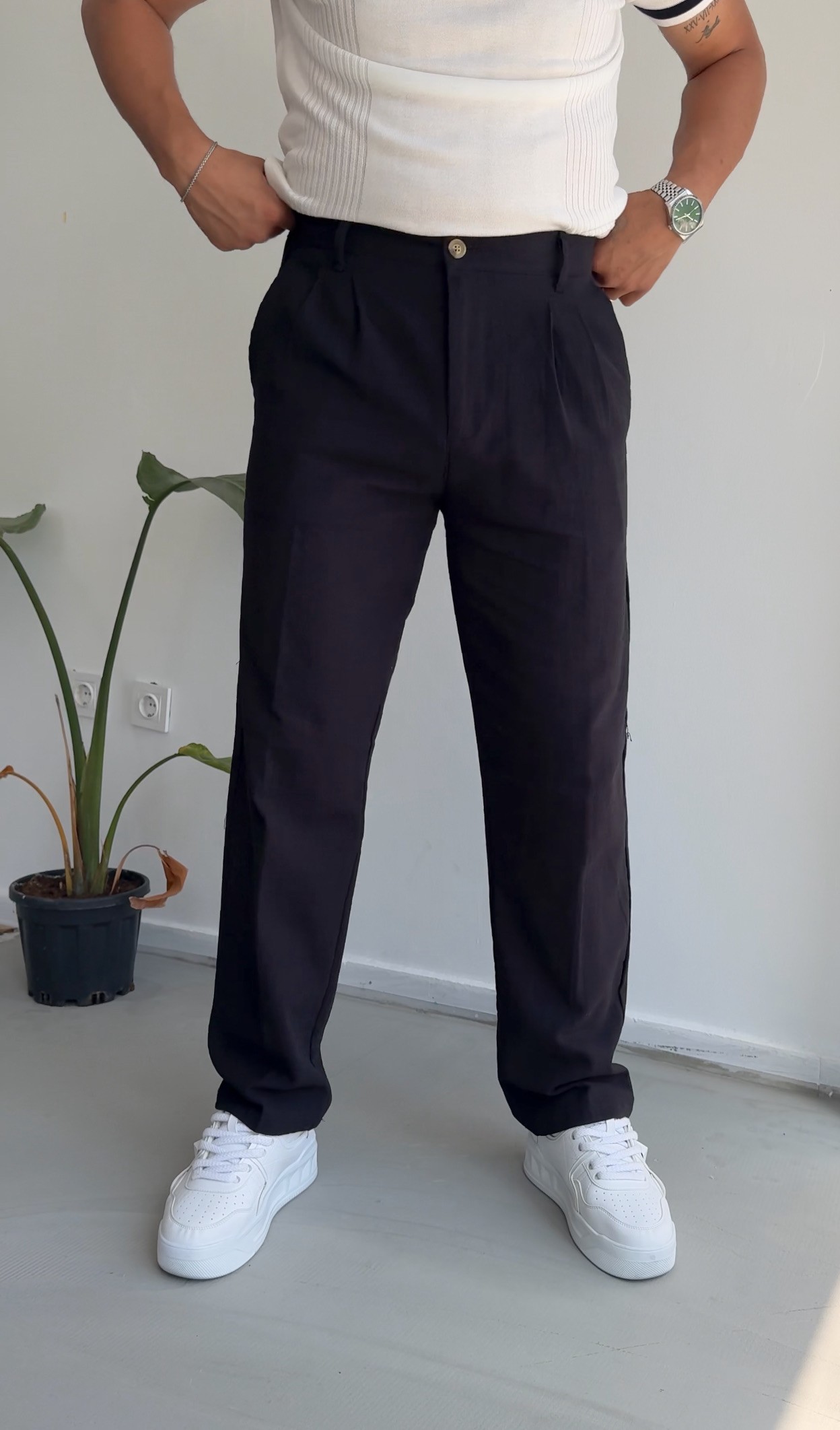 Pileli Baggy Kalıp kumaş pantolon