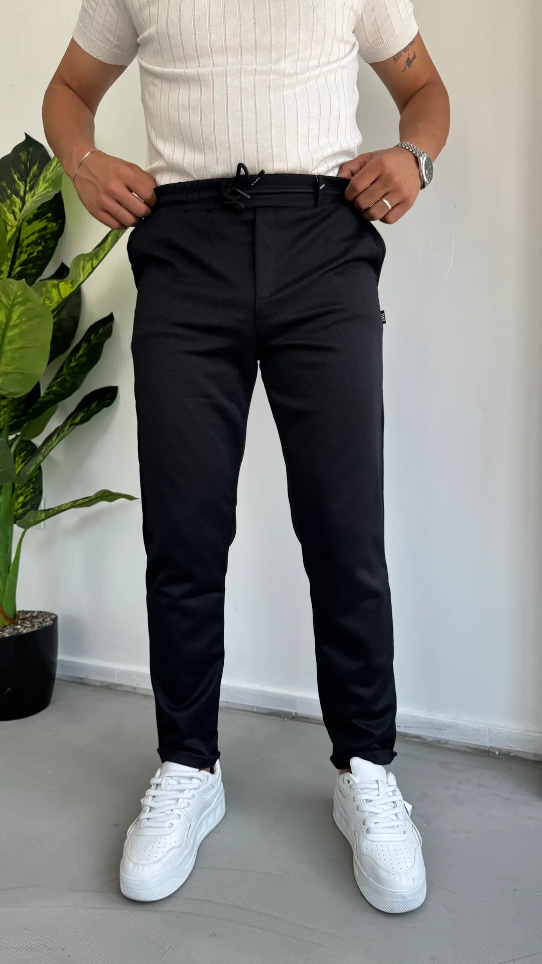 Petek Örme Kumaş Pantolon - Siyah