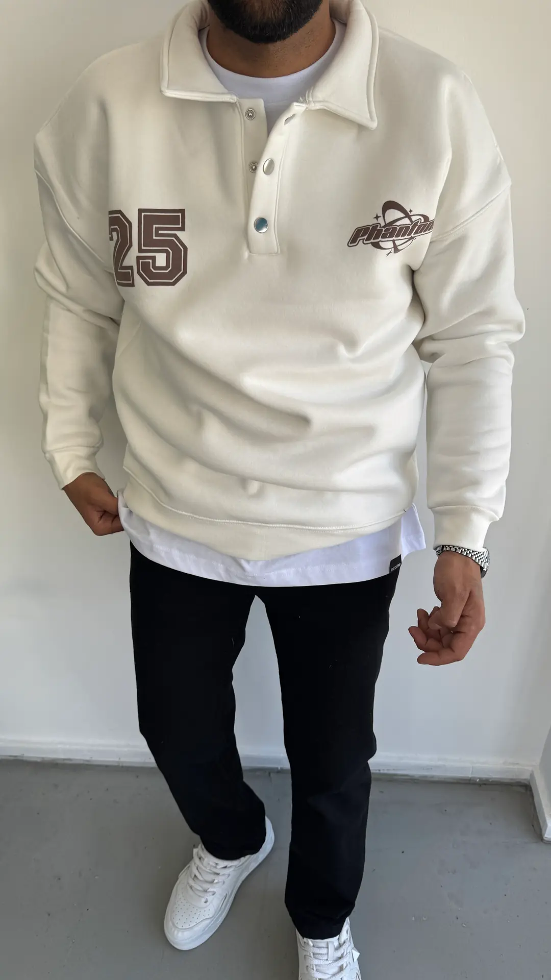 3 İplik Şardonlu Sweatshirt ( Düğme Yaka ) - Krem