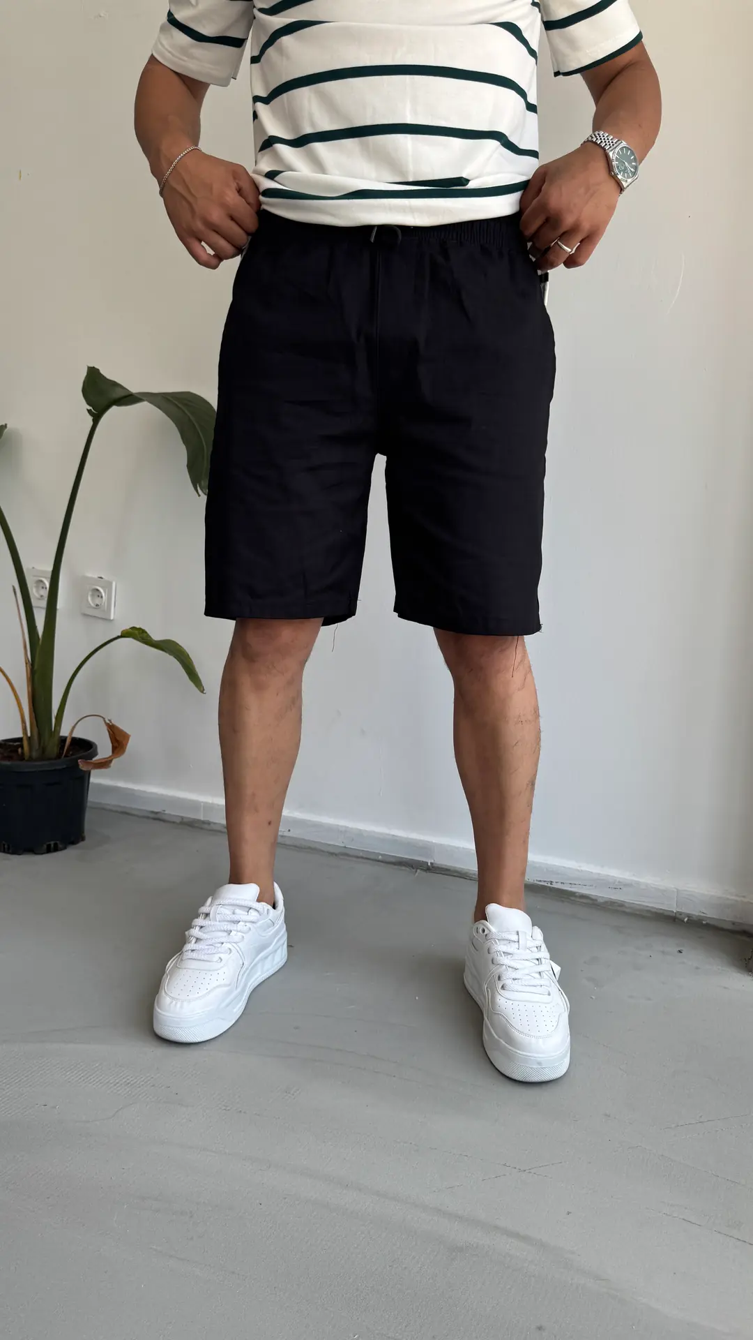 Ham Keten Şort - Siyah