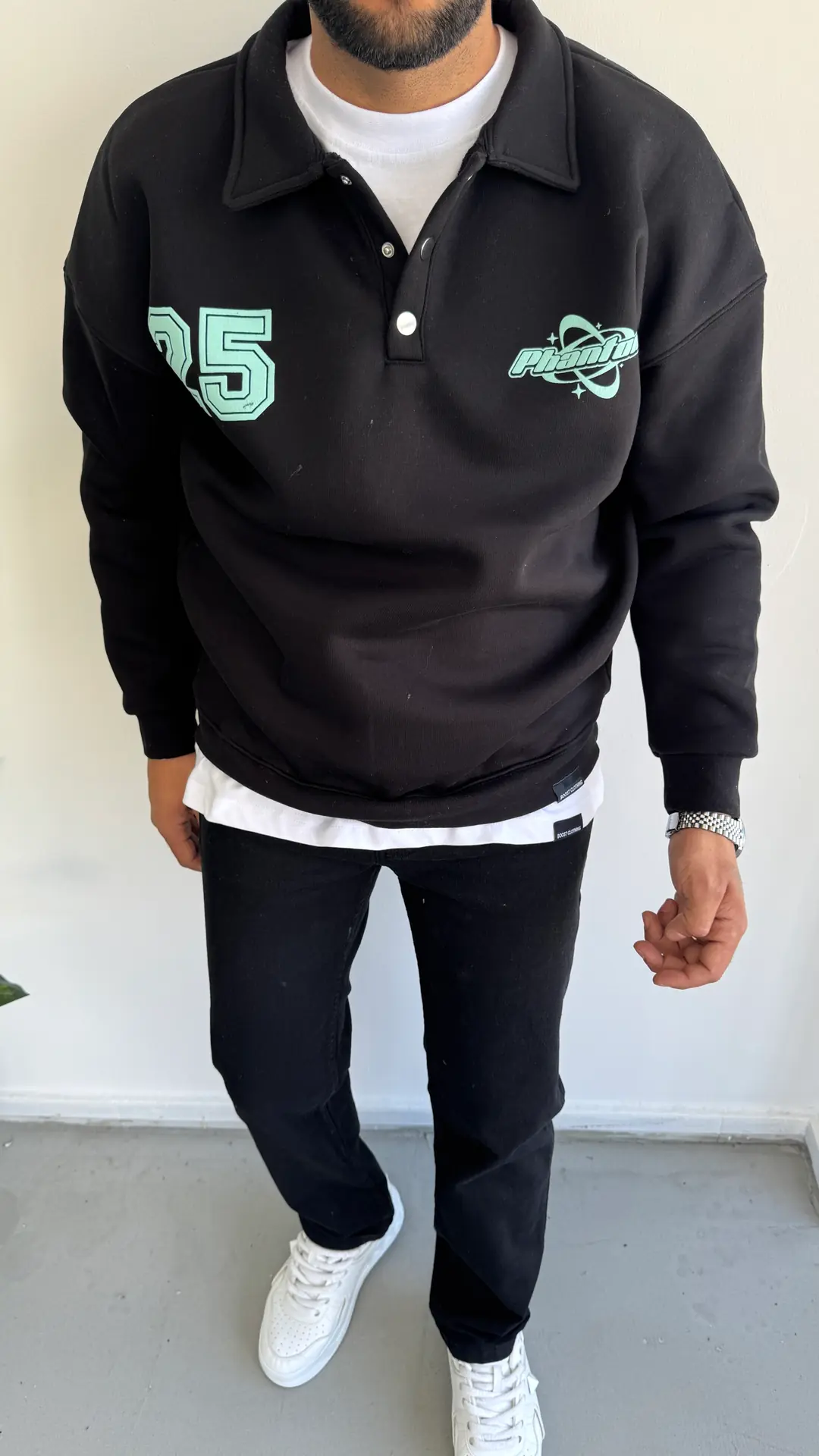 3 İplik Şardonlu Sweatshirt ( Düğme Yaka ) - Siyah