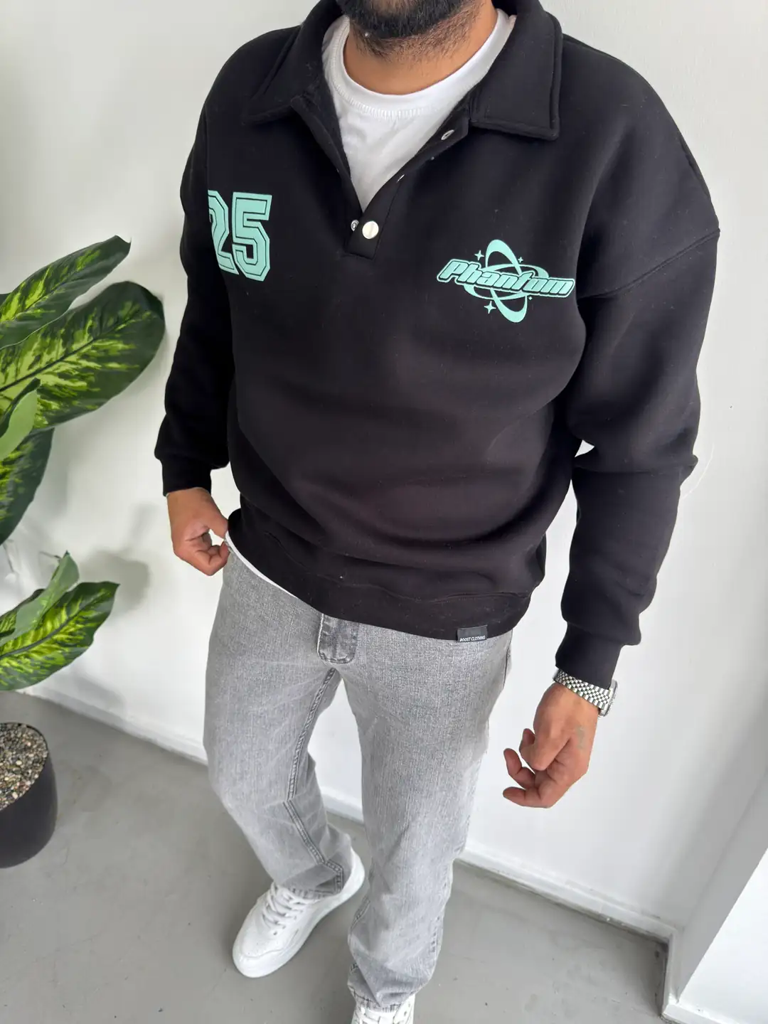 3 İplik Şardonlu Sweatshirt ( Düğme Yaka ) - Füme