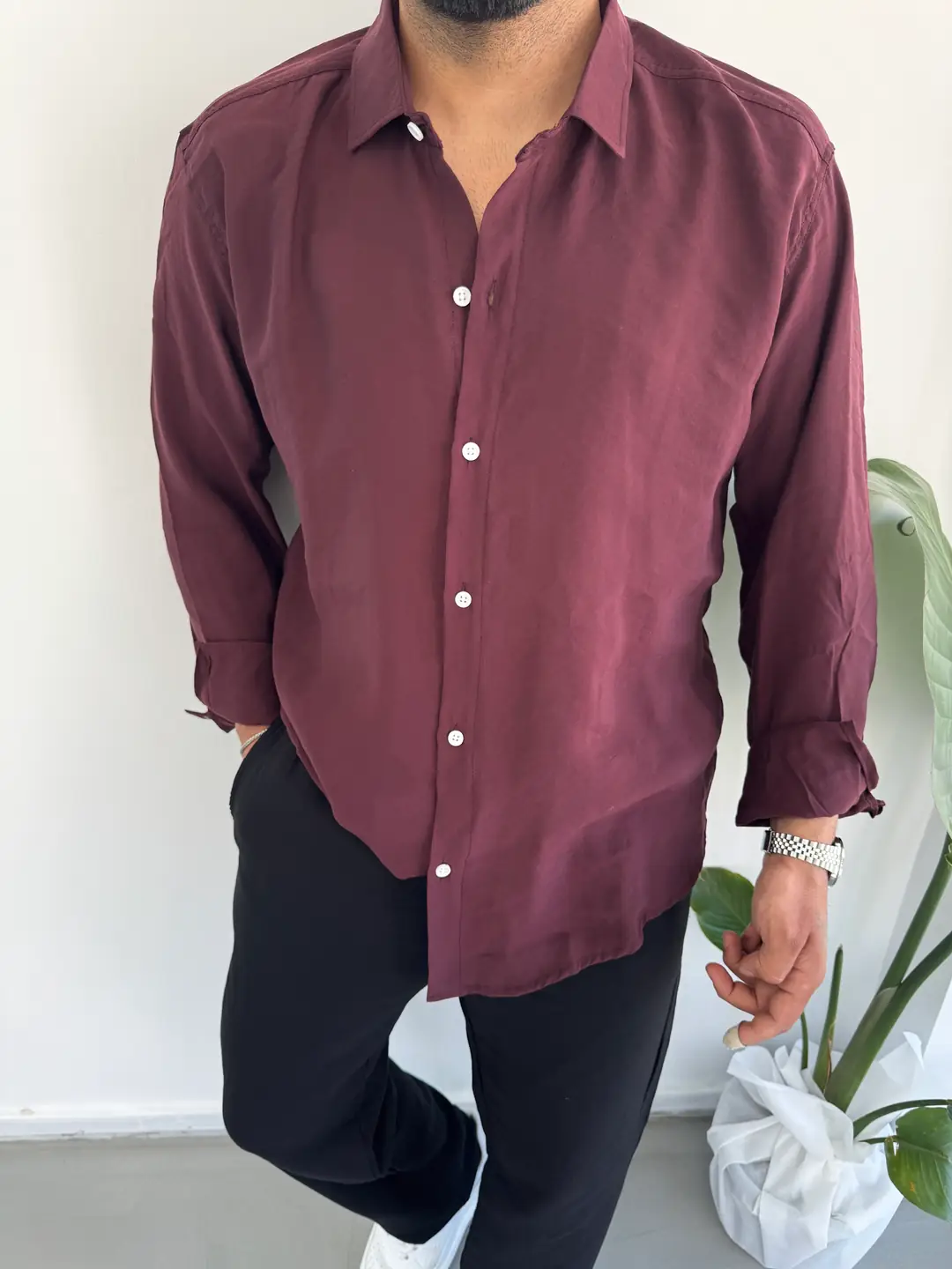 Tensel Kumaş Gömlek - Bordo