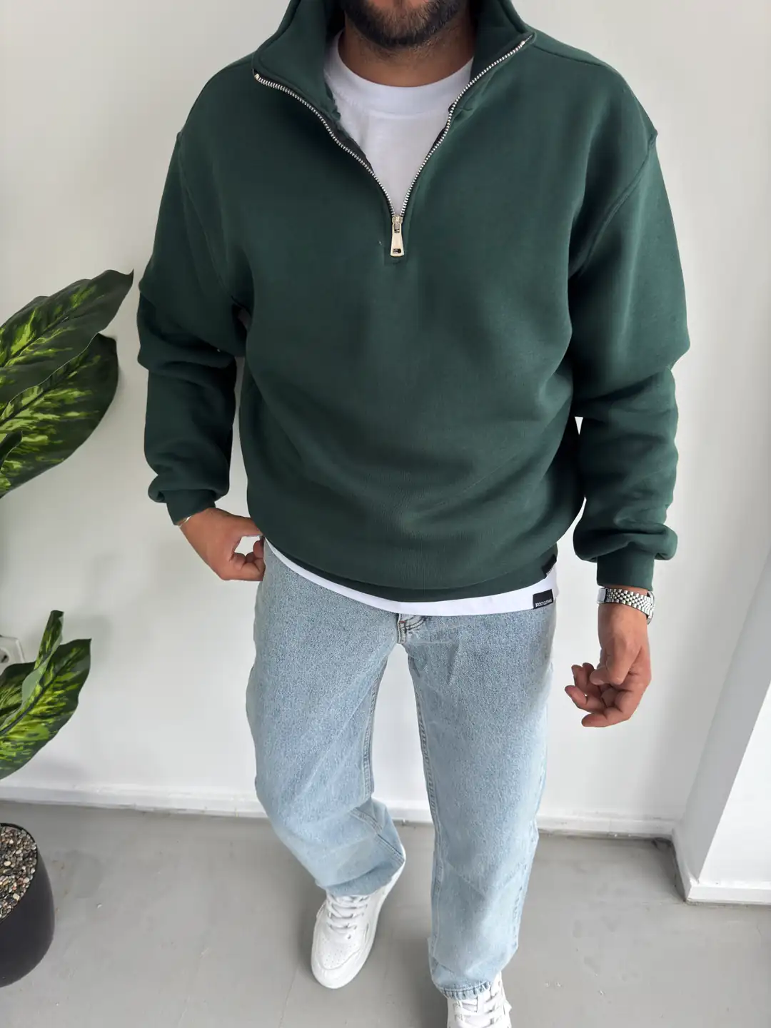 3 İplik Şardonlu Sweatshirt ( Fermuar Yaka ) - Yeşil