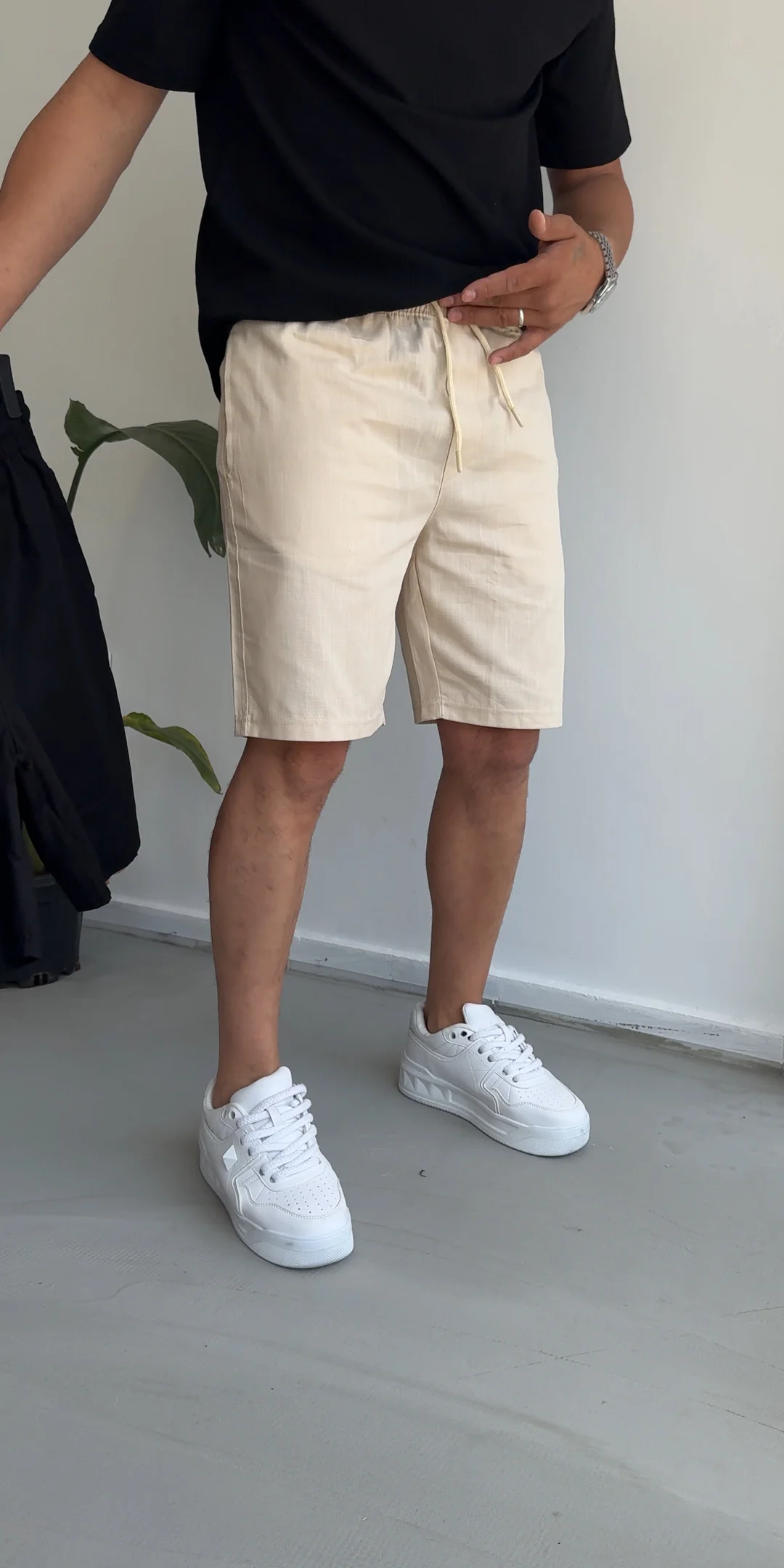 Ham Keten Şort - Bej